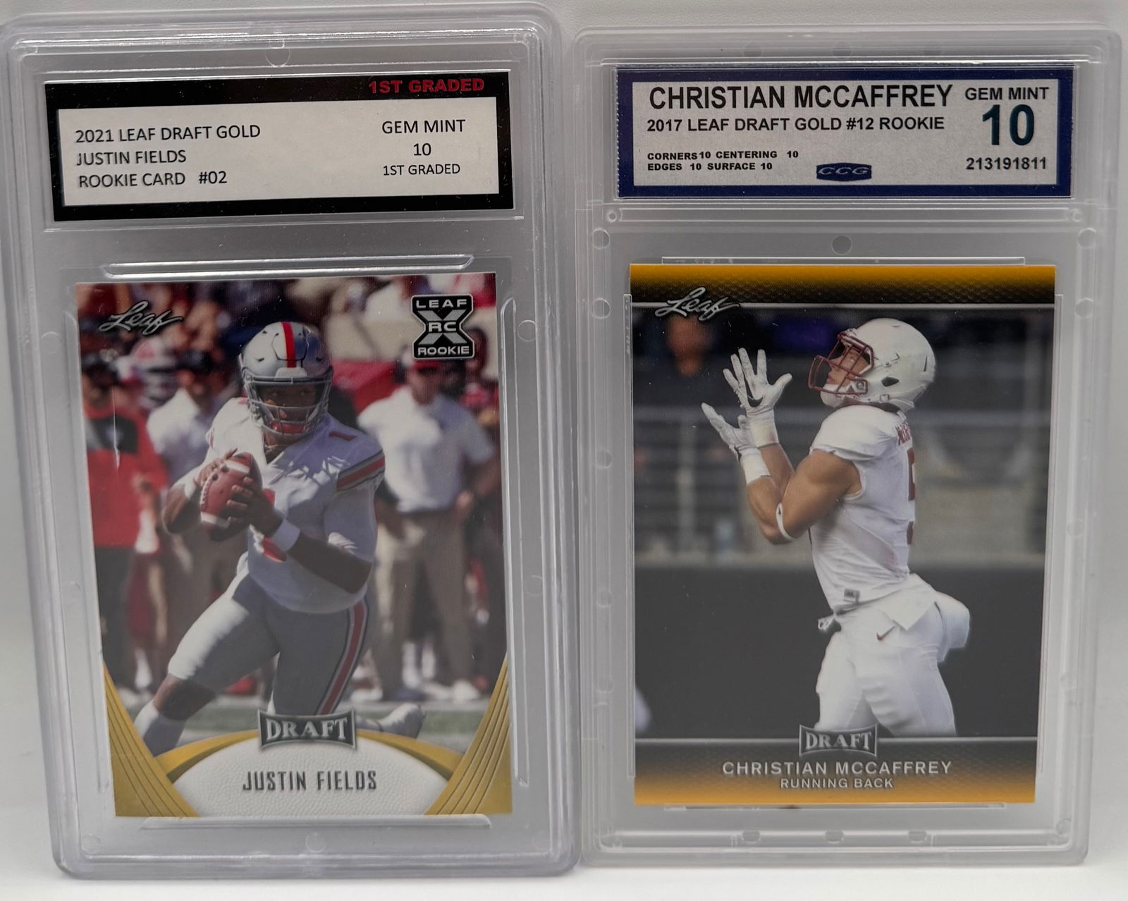 (2) Justin Fields & Christian McCaffrey Leaf Draft Gold Rookie Cards - Gem Mint 10 (1 of 2)