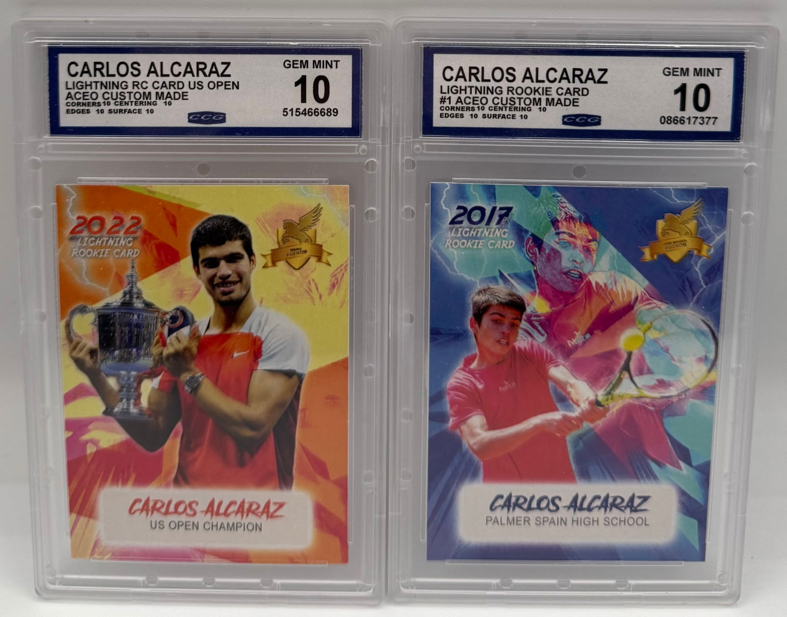 (2) Carlos Alcaraz ACEO Custom Rookie Cards - US Open & High School - Gem Mint 10: Card 1: 2022 Lightning RC "US Open Champion" ACEO Custom Made. Graded Gem Mint 10 by CCG. • Card 2: 2017 Lightning Rookie Card "Palmer Spain High School" ACEO Custom Made. Graded Gem Mint 10 by