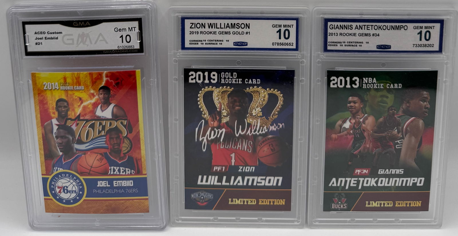 (3) NBA Stars Rookie Cards - Zion Williamson, Giannis Antetokounmpo, Joel Embiid - All Gem Mint 10 (1 of 2)