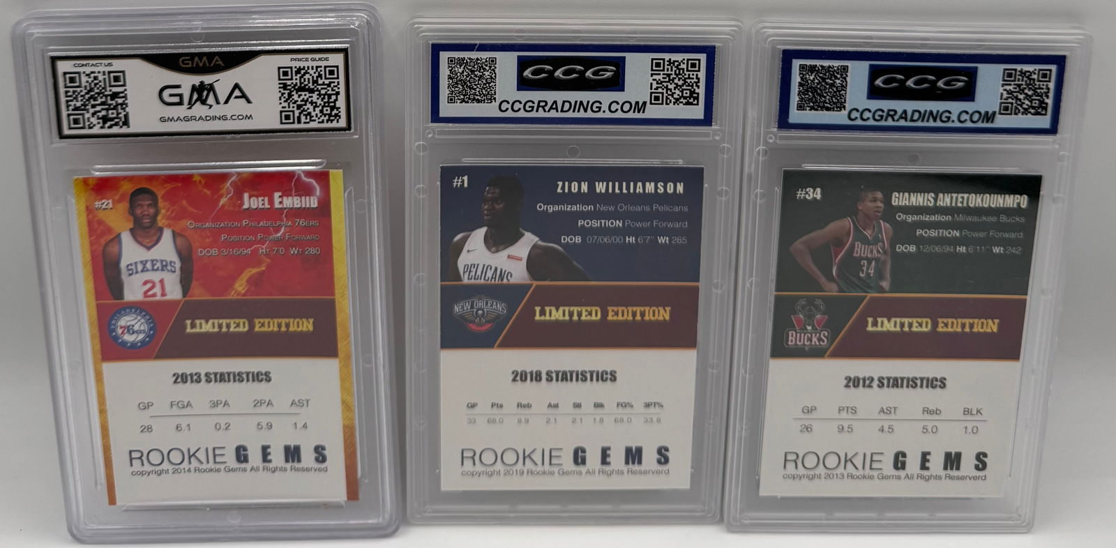 (3) NBA Stars Rookie Cards - Zion Williamson, Giannis Antetokounmpo, Joel Embiid - All Gem Mint 10 - 2