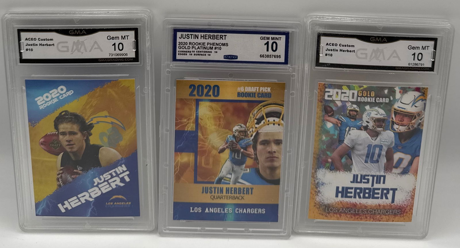 (3) 2020 Justin Herbert Rookie Cards - Gem Mint 10 - Chargers Custom Editions (1 of 2)
