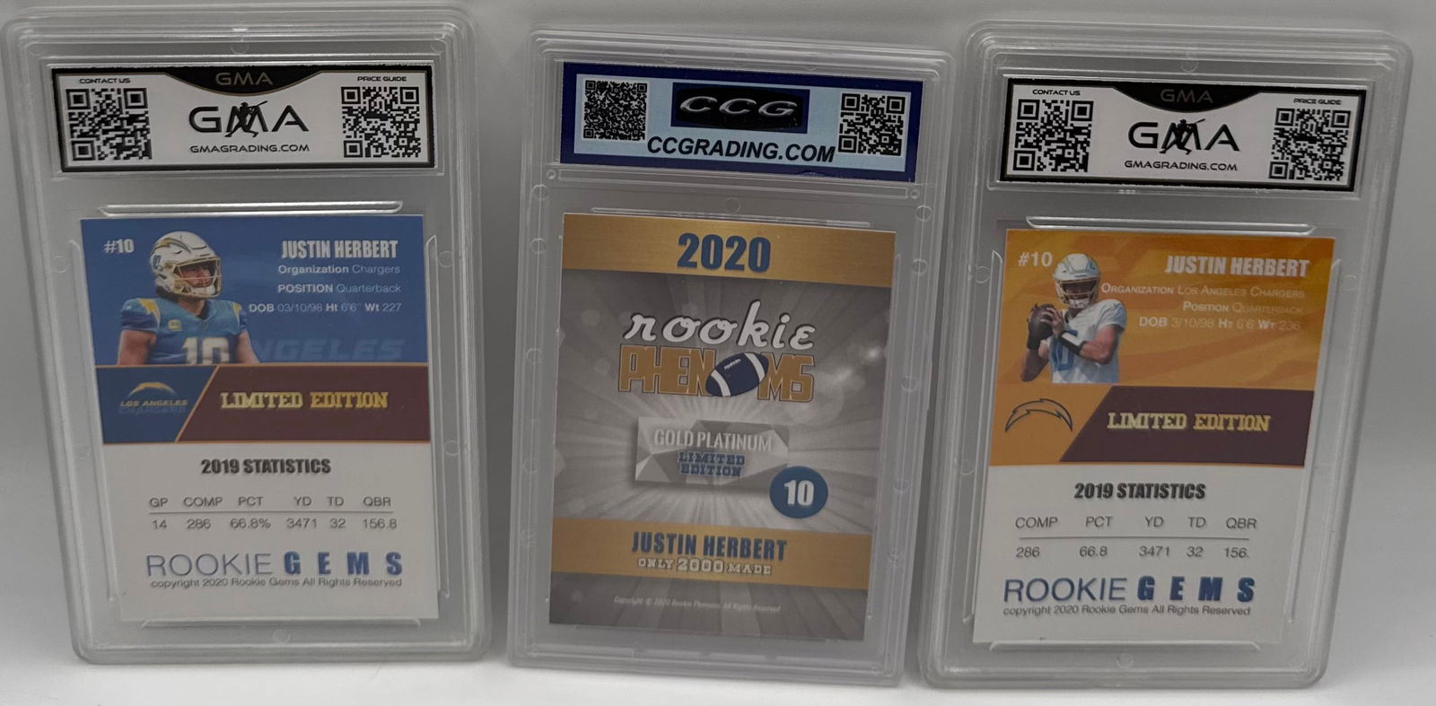 (3) 2020 Justin Herbert Rookie Cards - Gem Mint 10 - Chargers Custom Editions - 2