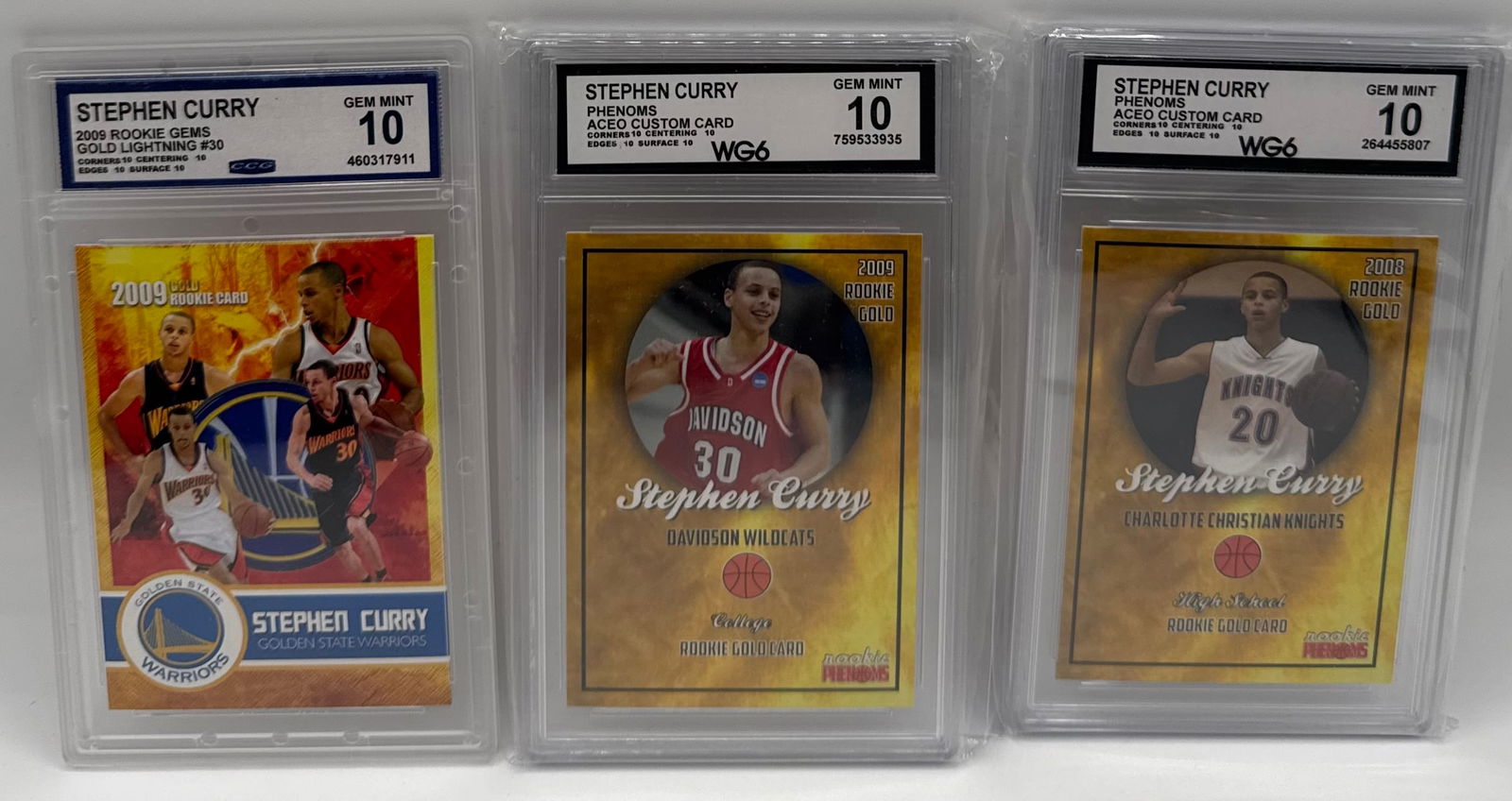 (3) Stephen Curry Custom Cards: Three artistic cards celebrating the career of Steph Curry. • Includes: 2009 Rookie Gems Gold Lightning (Warriors), 2009 Rookie Gold (Davidson College), and 2008 Rookie Gold (Charlotte