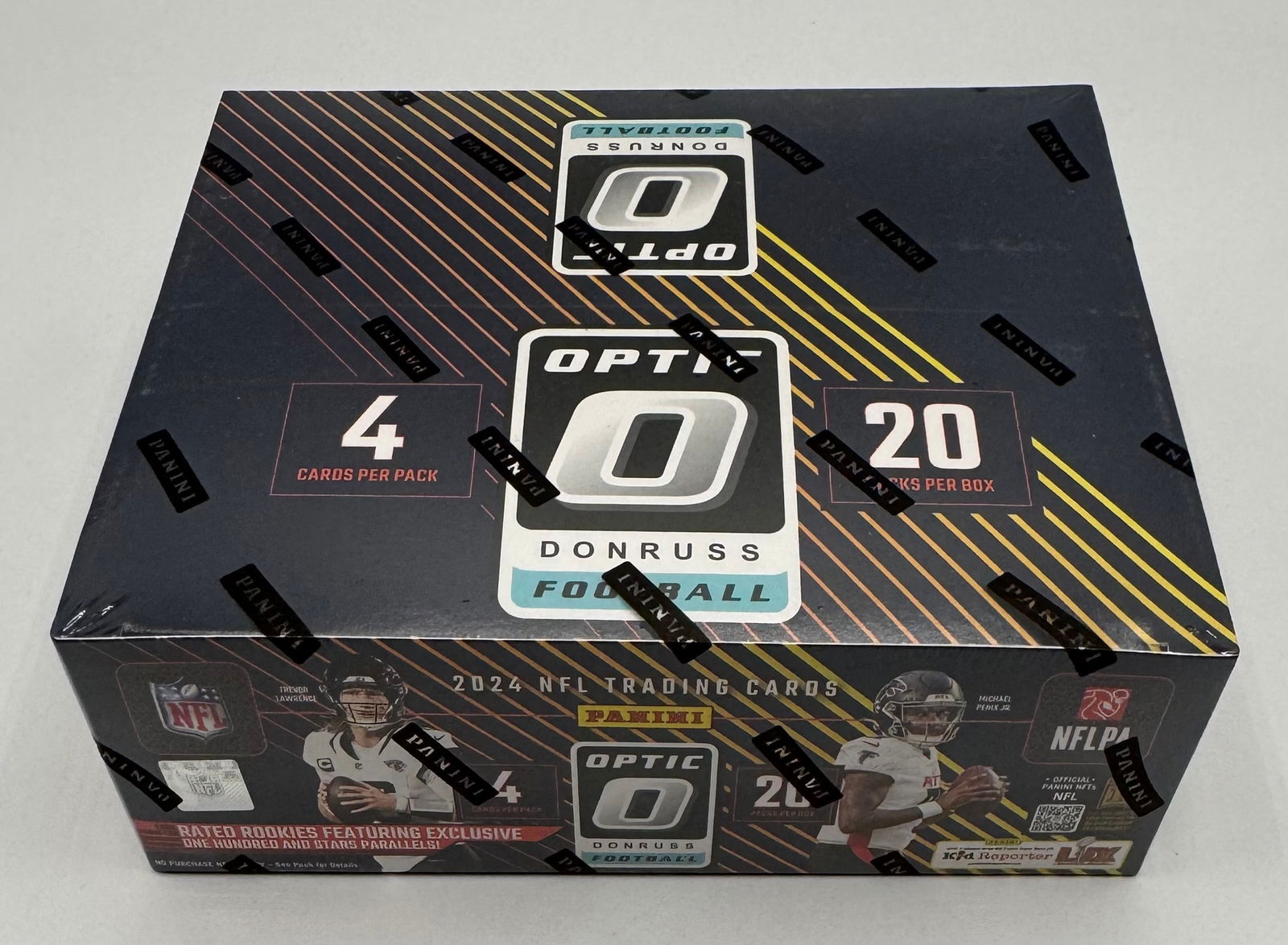 2024 Panini Donruss Optic Football Hobby Box: Factory sealed hobby box of 2024 Panini Donruss Optic Football. Features the highly anticipated "Rated Rookies" and exclusive parallels. Box contains 20 packs with 4 cards per pack. Features players