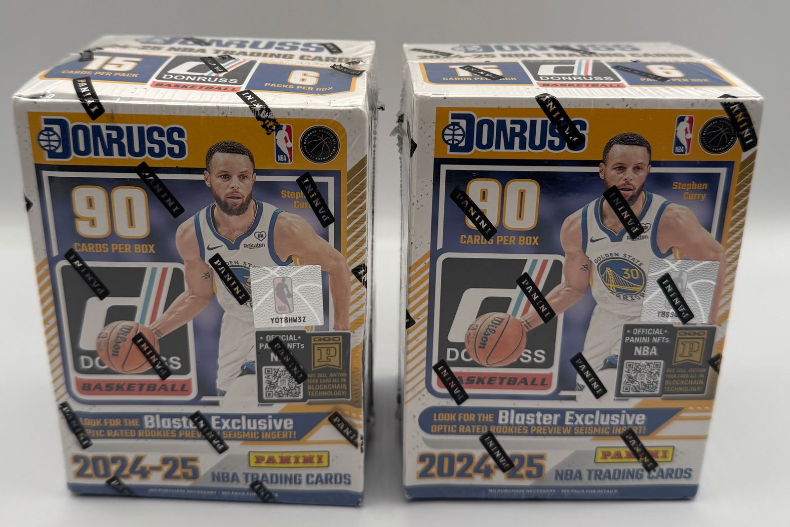 (2) 2024-25 Panini Donruss Basketball Blaster Boxes: Pair of factory sealed 2024-25 Panini Donruss Basketball blaster boxes. Each box contains 6 packs with 15 cards per pack for a total of 90 cards. Look for Blaster Exclusive Optic Rated Rookies