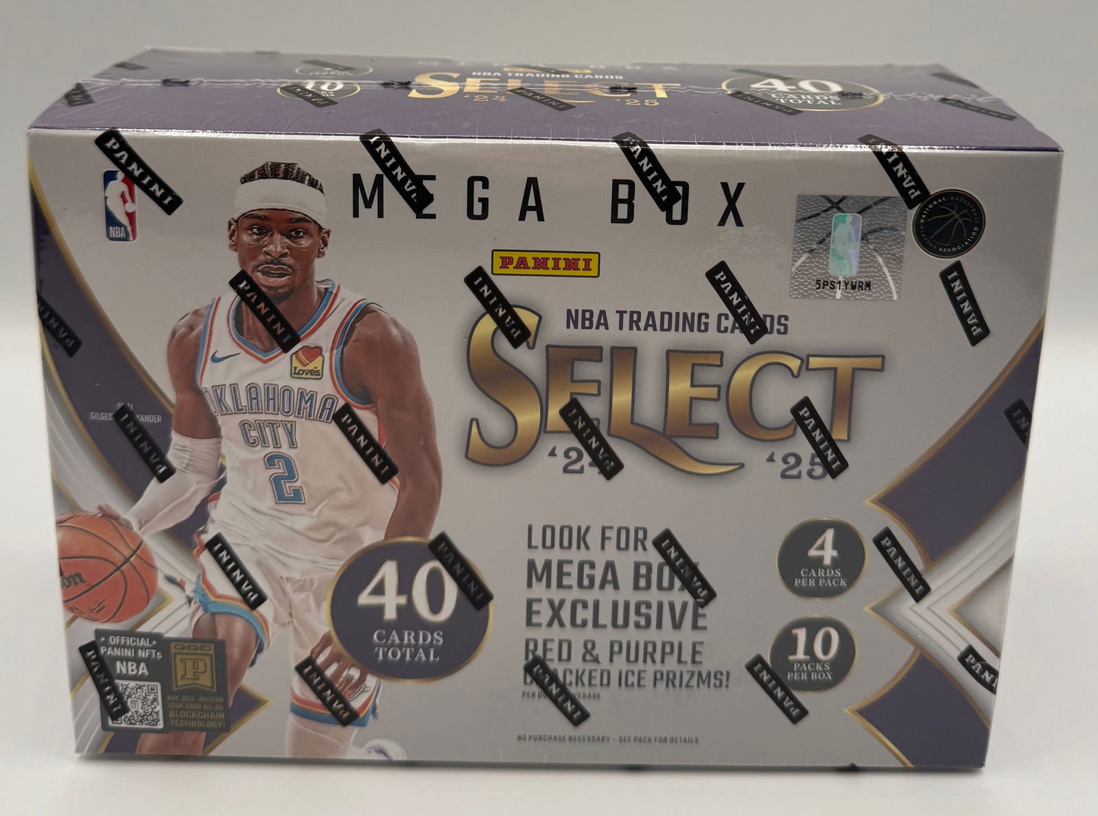 2024-25 Panini Select NBA Basketball Mega Box - 40 Cards Total: Factory sealed 2024-25 Panini Select NBA Mega Box. Contains 10 packs with 4 cards per pack (40 total cards). Look for Mega Box Exclusive Red & Purple Cracked Ice Prizms. Features Shai