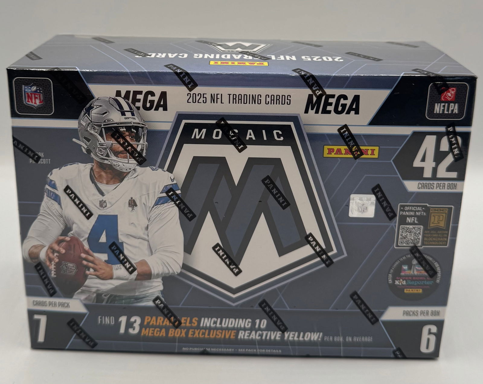 2025 Panini Mosaic NFL Football Mega Box - 42 Cards: Factory sealed 2025 Panini Mosaic Football Mega Box. Contains 6 packs with 7 cards per pack (42 total cards). Look for 13 Parallels including 10 Mega Box Exclusive "Reactive Yellow" parallels. Feature