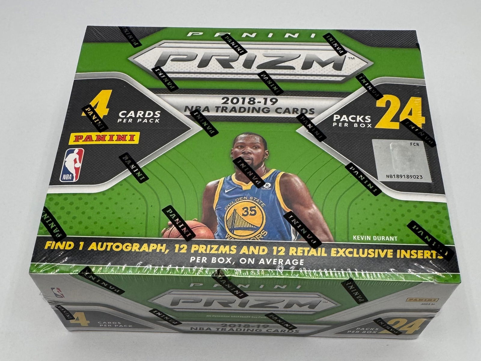 2018-19 Panini Prizm NBA Basketball Retail Box - 24 Packs: Factory sealed 2018-19 Panini Prizm NBA Trading Cards retail box. Contains 24 packs with 4 cards per pack. On average, look for 1 Autograph, 12 Prizms, and 12 Retail Exclusive Inserts. Features Kevin