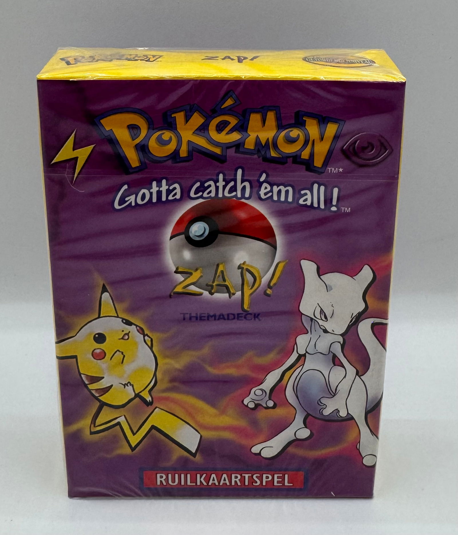 Pokémon TCG Zap Theme Deck Sealed: Rare Dutch-language (Ruilkaartspel) Zap theme deck. Box art features the iconic Pikachu and Mewtwo. This is the Dutch equivalent of the classic Base Set theme deck. Factory sealed in original