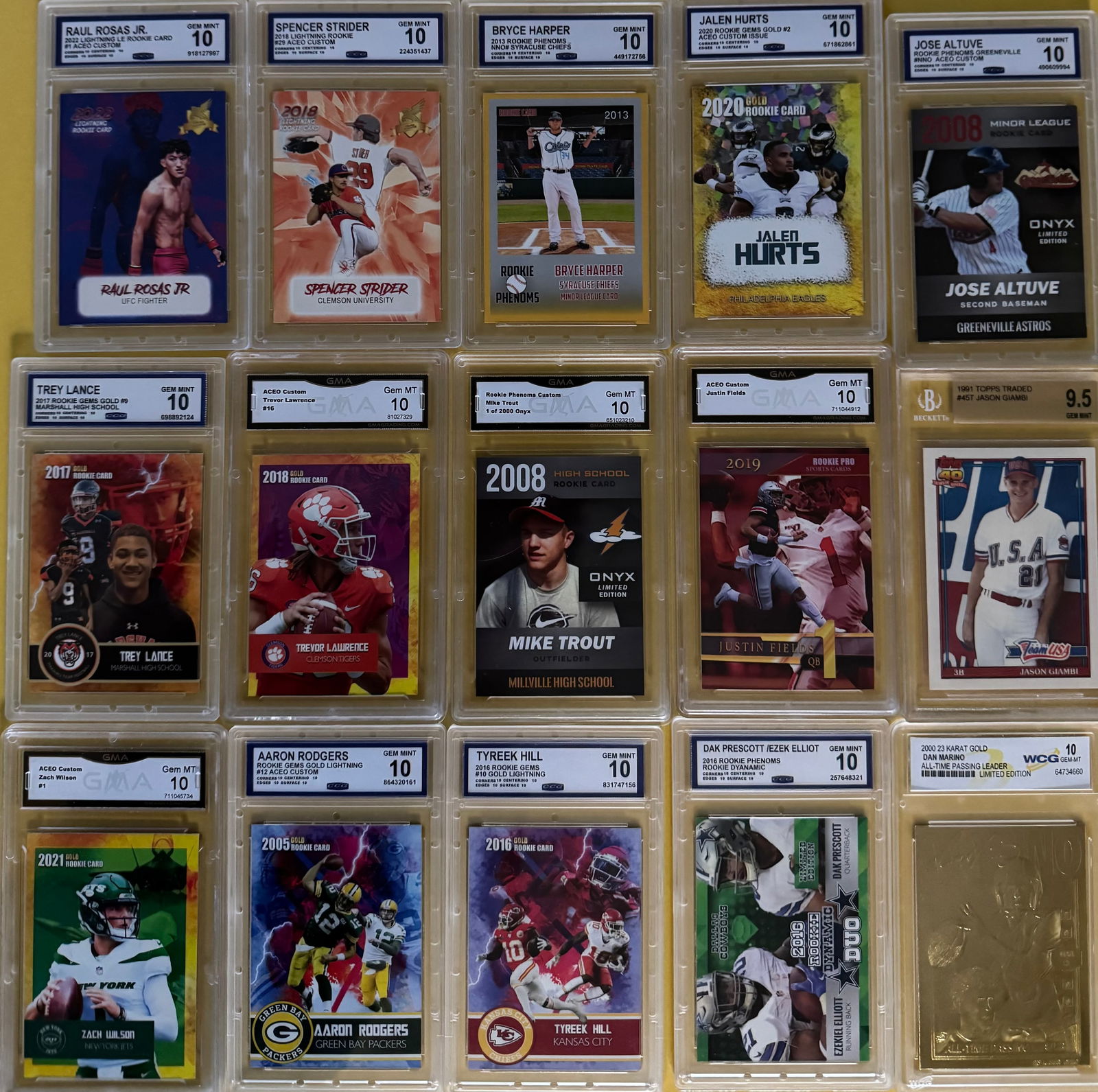 15pc Graded Sports & UFC Card Lot - Gem Mint 10s - Hurts, Rodgers, Trout, Hill, Lawrence (1 of 2)