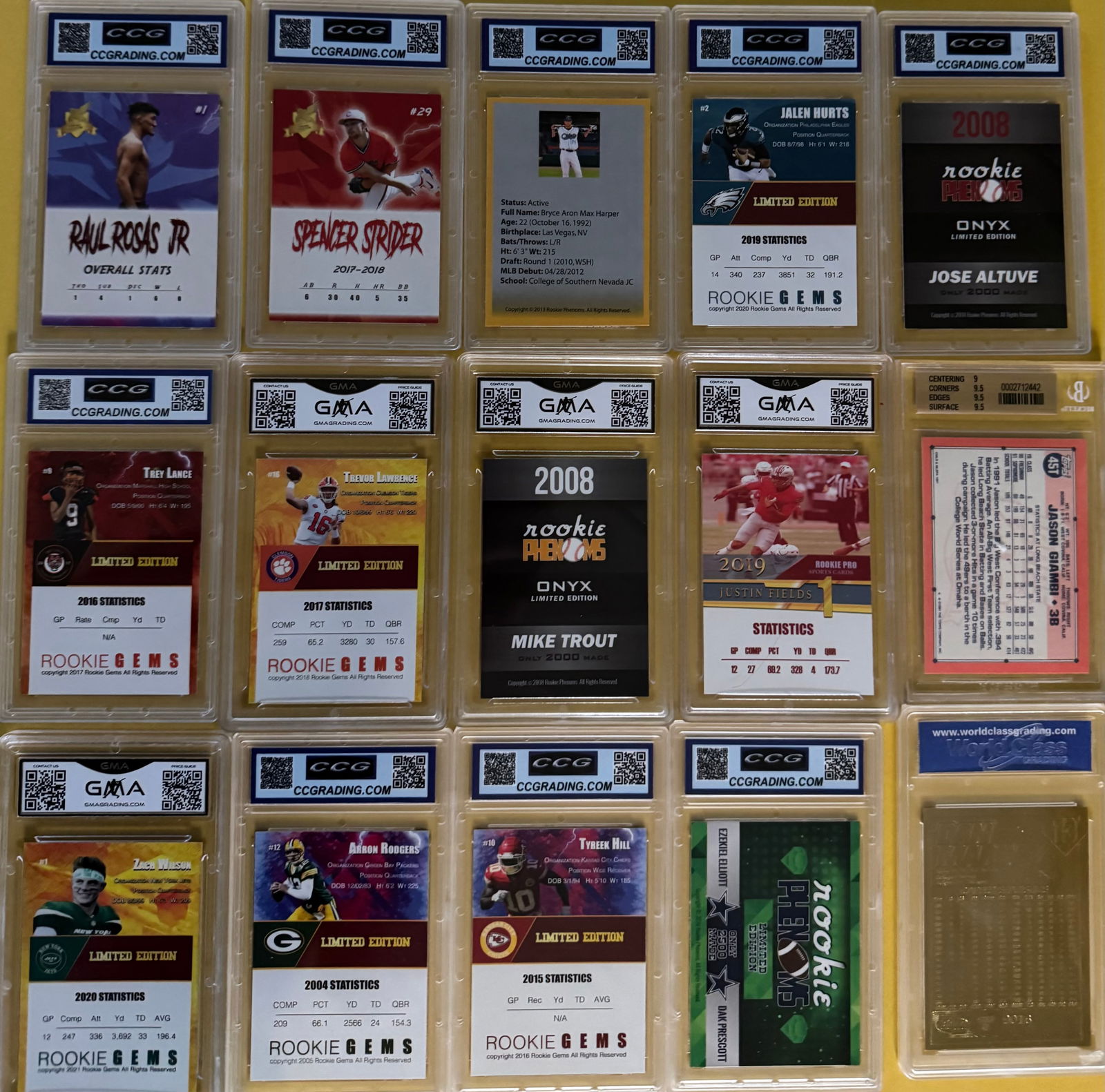 15pc Graded Sports & UFC Card Lot - Gem Mint 10s - Hurts, Rodgers, Trout, Hill, Lawrence - 2
