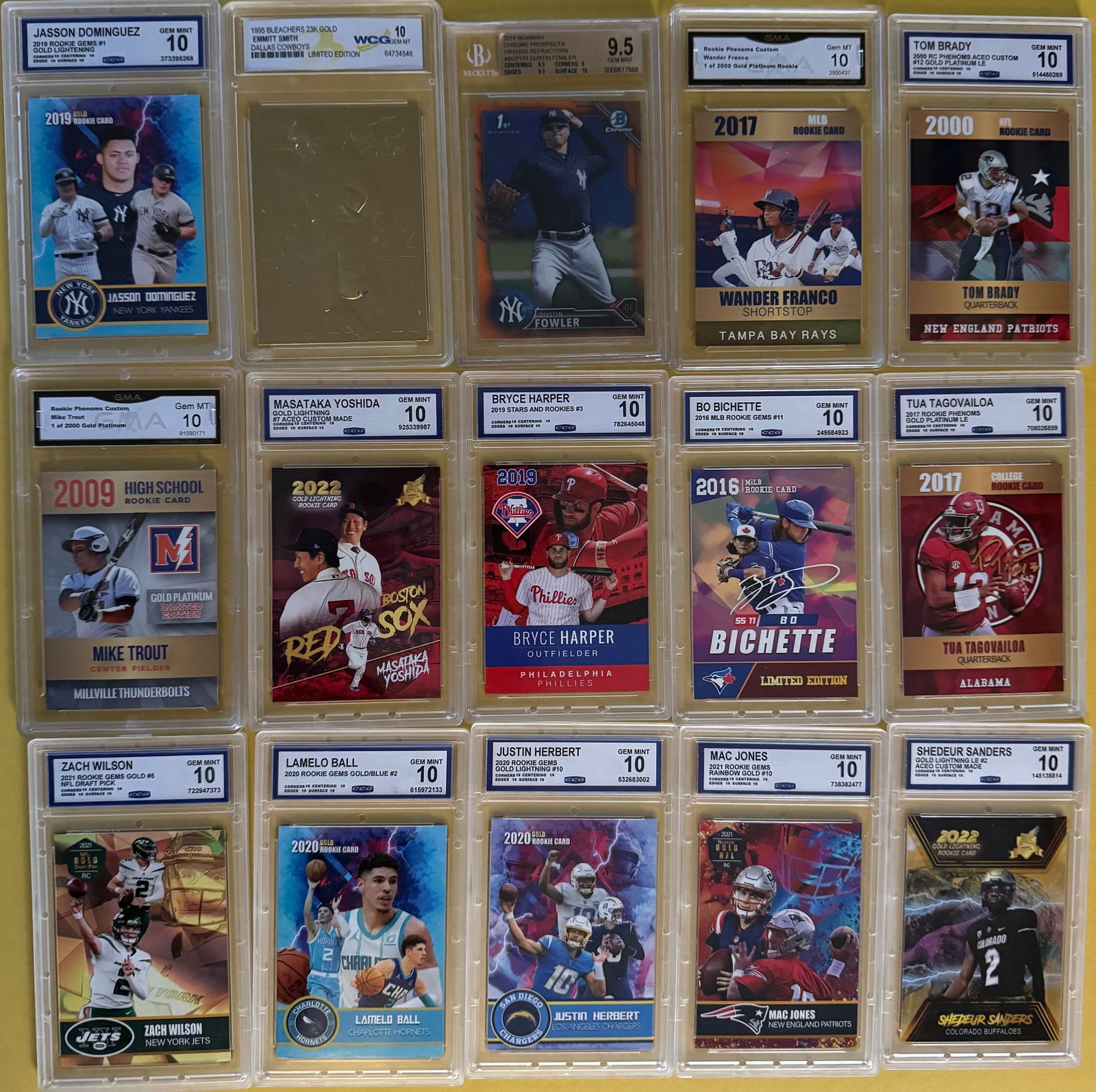 15ct Lot: Custom Gold Rookie Cards - Gem Mint 10 - Brady, Trout, Herbert, & More: Up for auction is a premium 15-card collection of high-quality Custom-Made Gold Series Rookie Cards. This lot features some of the biggest names in sports history, including Tom Brady, Mike Trout,