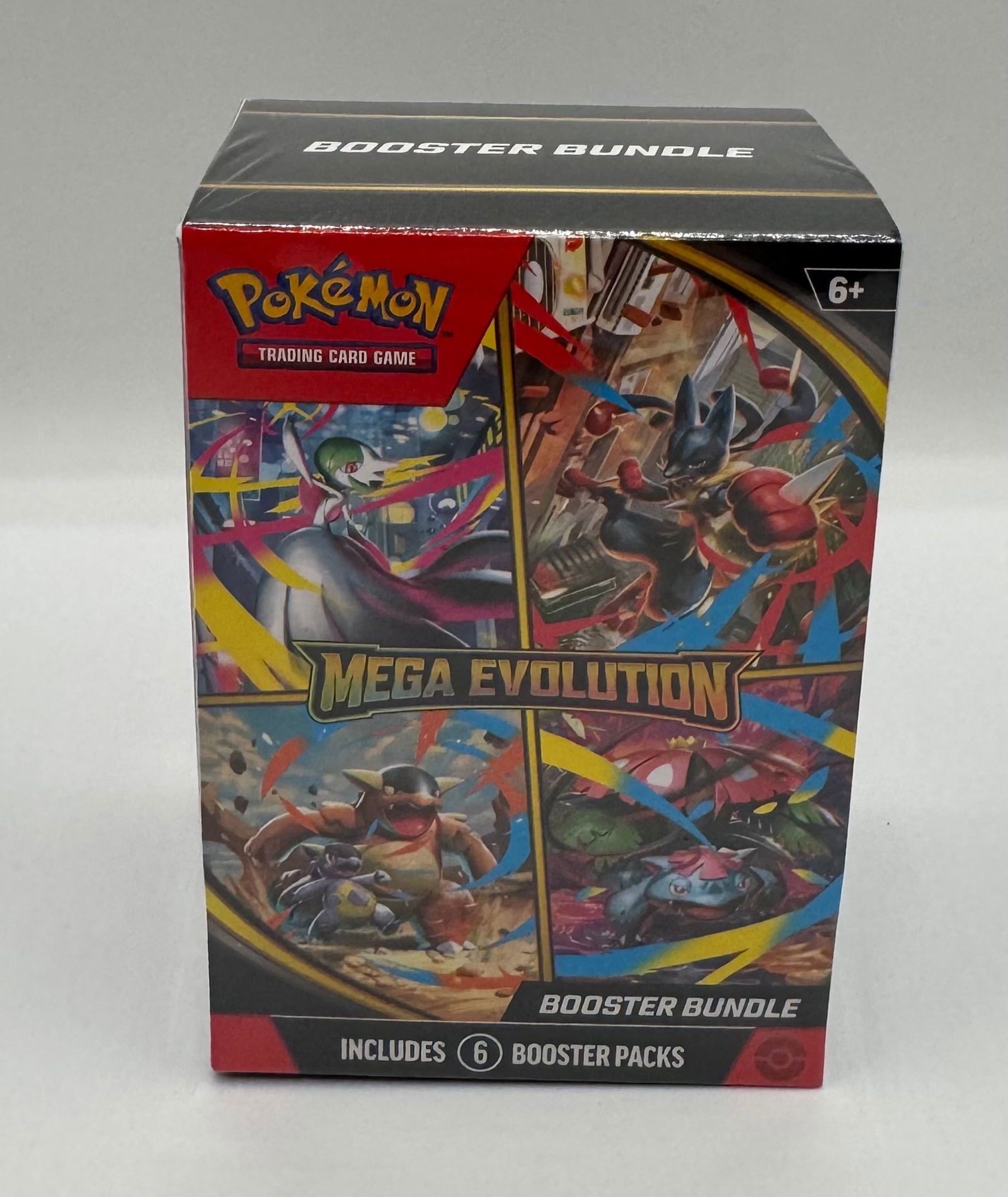 Sealed Pokémon TCG: Mega Evolution Booster Bundle - 6 Packs: A factory-sealed Pokémon Trading Card Game: Mega Evolution Booster Bundle. This specialized bundle features artwork of fan-favorite Mega Evolutions including Mega Gardevoir, Mega Lucario, Mega Ka