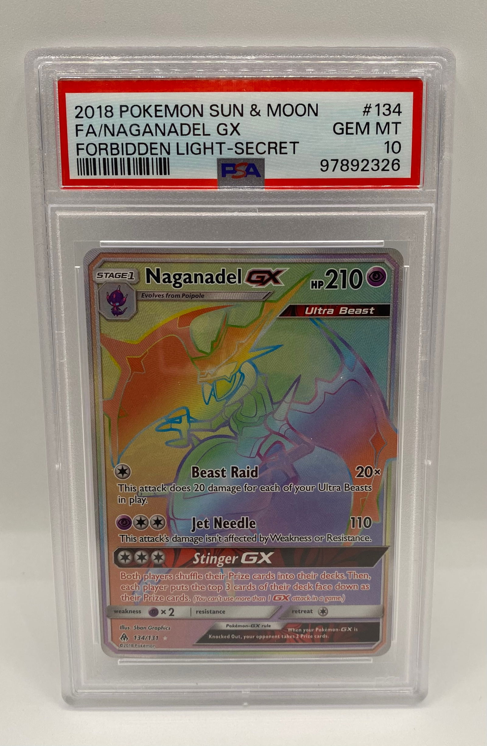 2018 Naganadel GX (Secret Rainbow Rare) - PSA 10: 2018 Pokemon Sun & Moon Forbidden Light Naganadel GX #134 Rainbow Rare - PSA 10 Description: A beautiful Secret Rainbow Rare Naganadel GX from the Forbidden Light set. This Ultra Beast card features