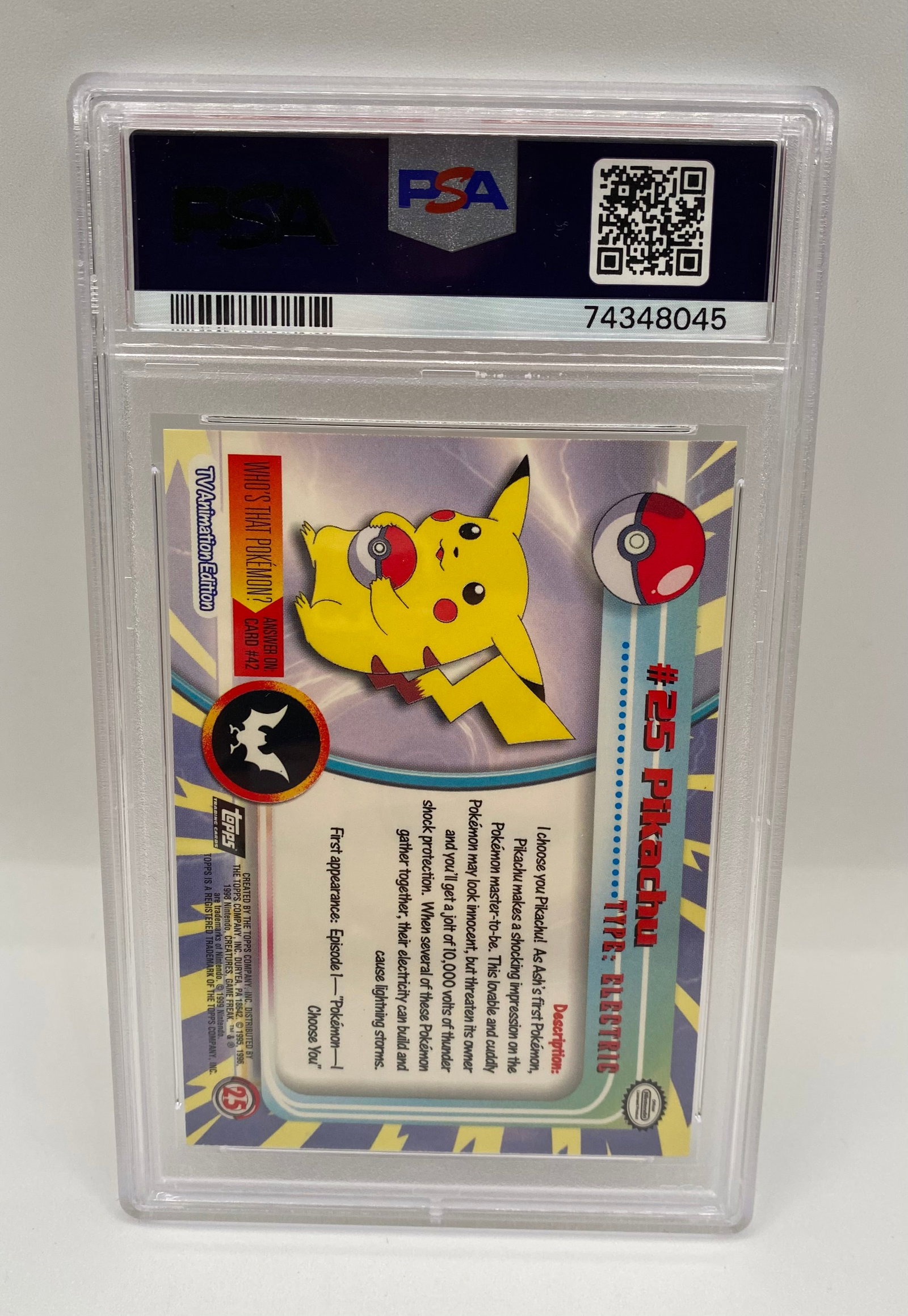 1999 Topps Pokemon TV Animation Edition Pikachu #25 - PSA 9 MINT - 2