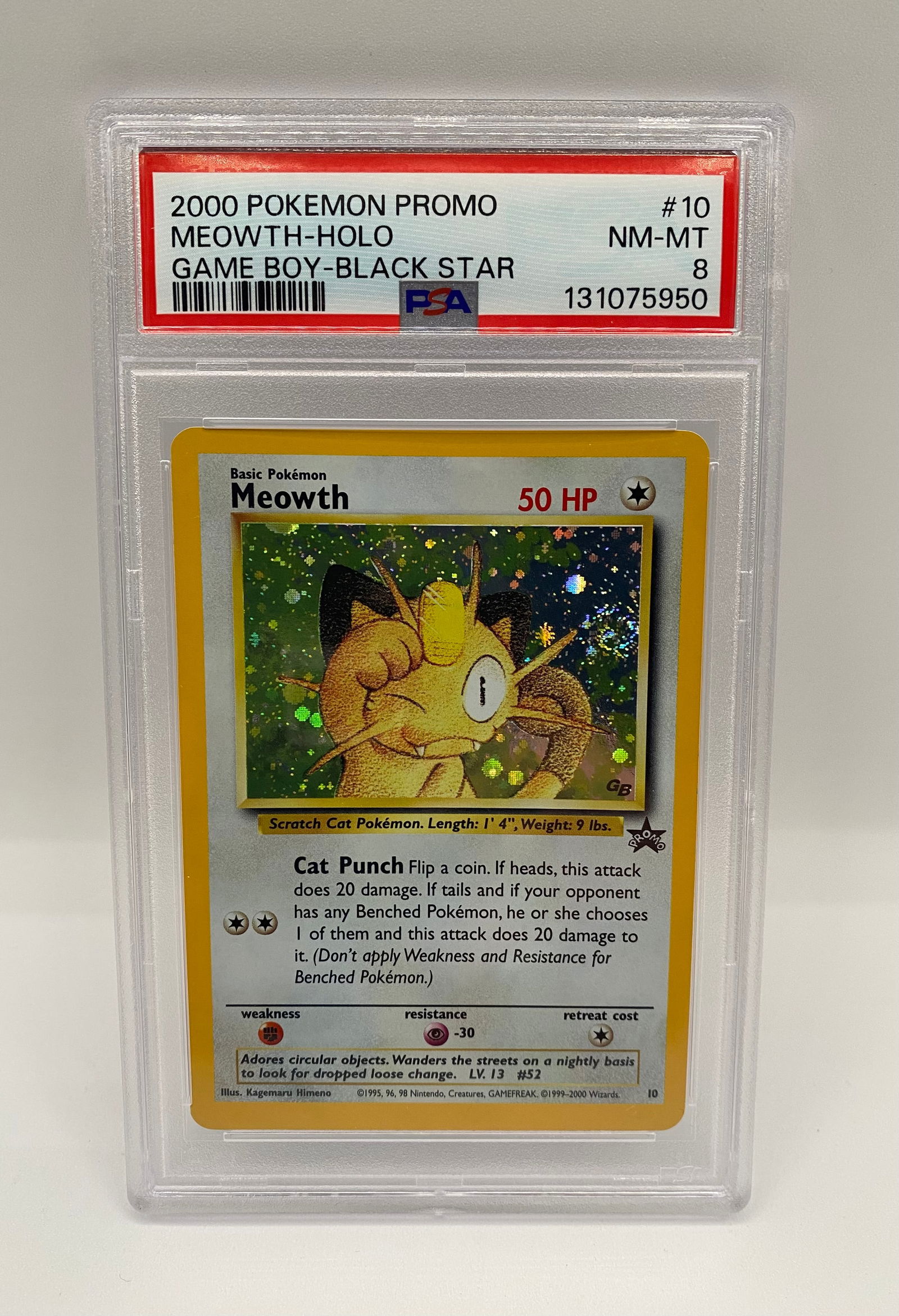 2000 Pokémon Promo Meowth Holo #10 Game Boy Black Star: A nostalgic piece of Pokémon history, this Meowth Holo was originally released as a promo for the Pokémon Trading Card Game on Game Boy. Graded PSA 8 (Near Mint-Mint), it features the