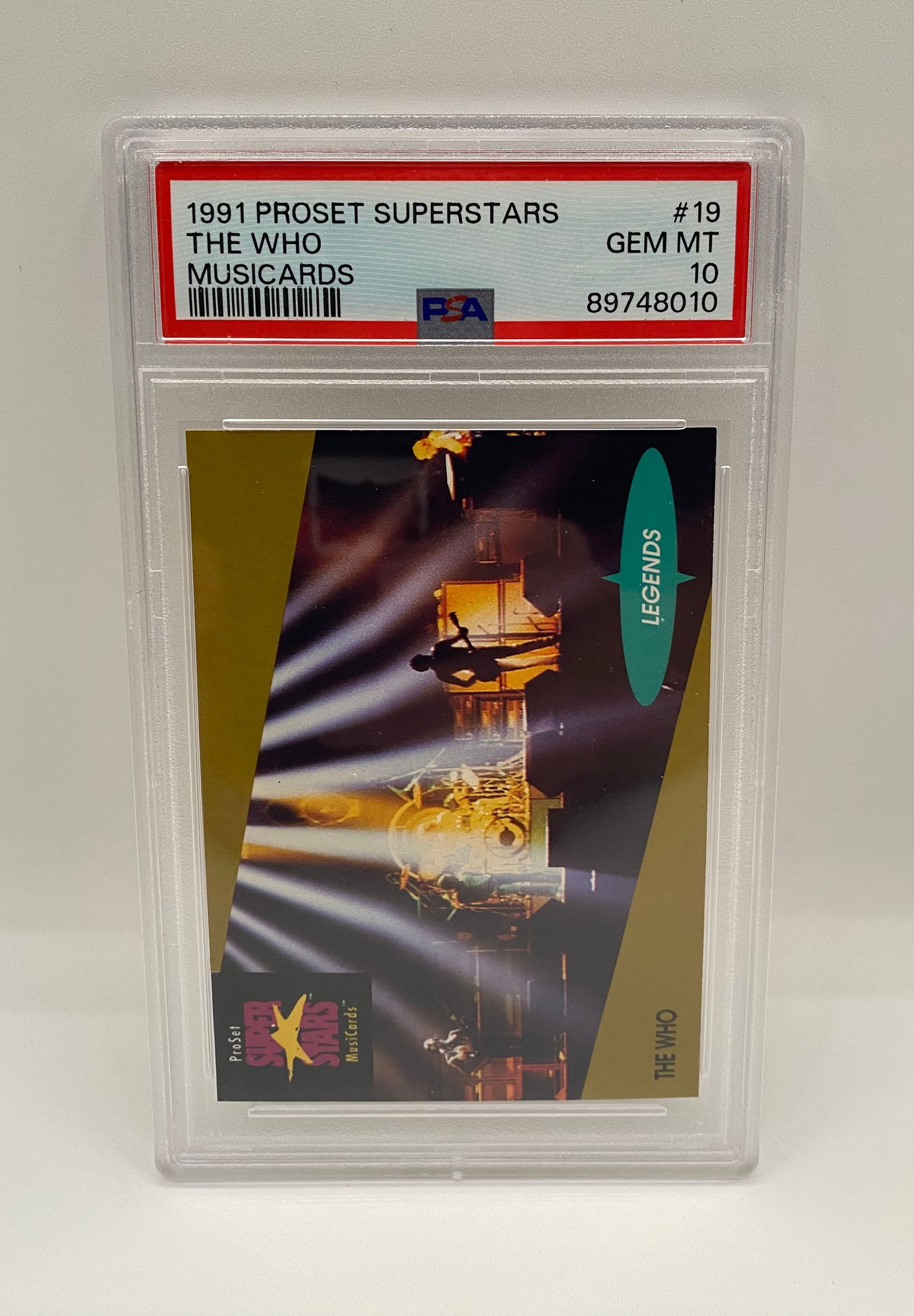 1991 ProSet Superstars The Who Legends Musicards #19 PSA 10 GEM MT: A rare find for rock 'n' roll fans. This 1991 ProSet card features the legendary band "The Who" in their "Legends" subset. Achieving a PSA 10 GEM MINT grade, it's a perfect cross-over collectible for