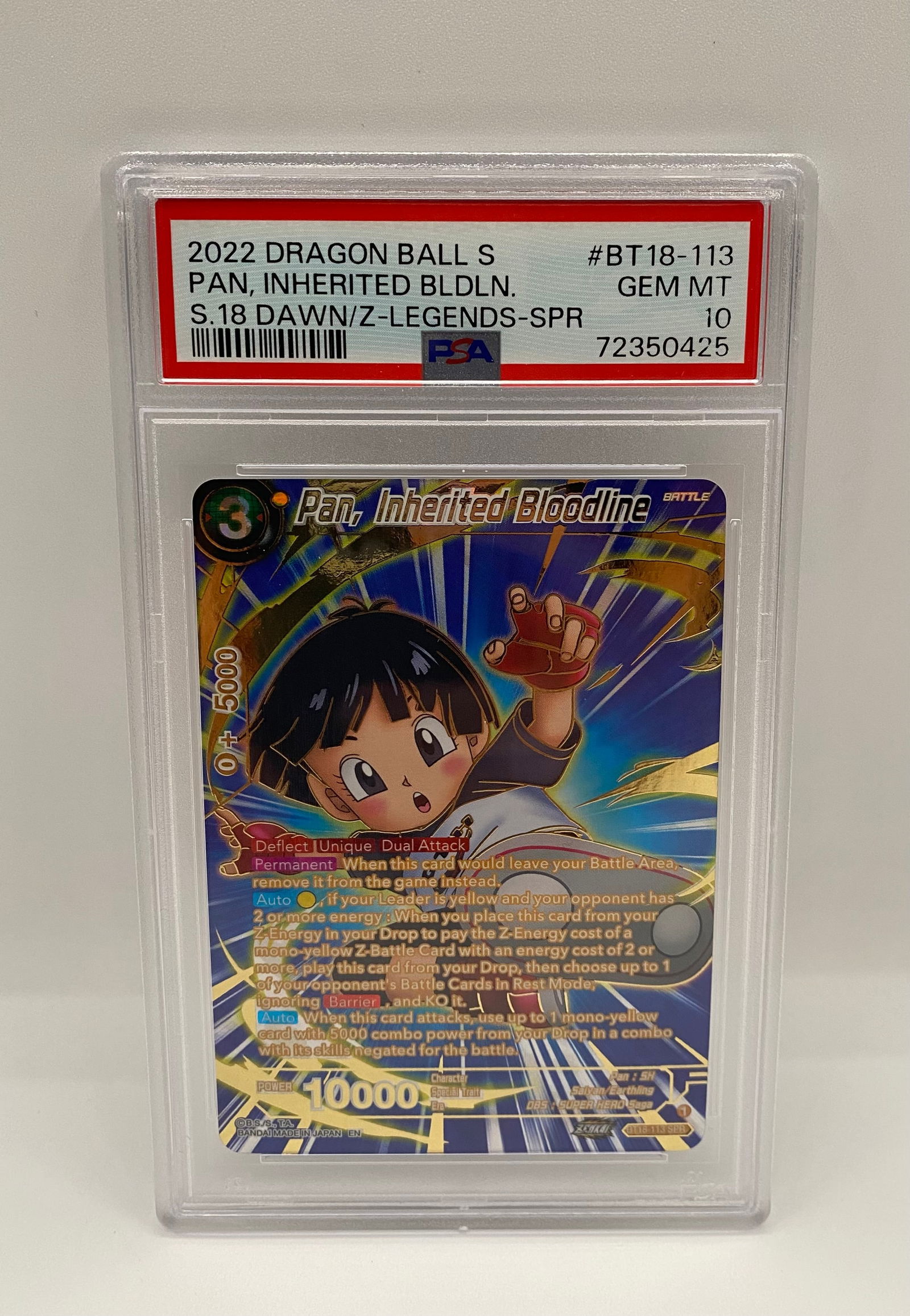2022 Dragon Ball Super Pan Inherited Bloodline Dawn/Z-Legends SPR #BT18-113 PSA 10: Part of the "Inherited Bloodline" series from Dawn of the Z-Legends. This Pan SPR features beautiful blue and gold foiling and is graded a perfect PSA 10 GEM MINT. 