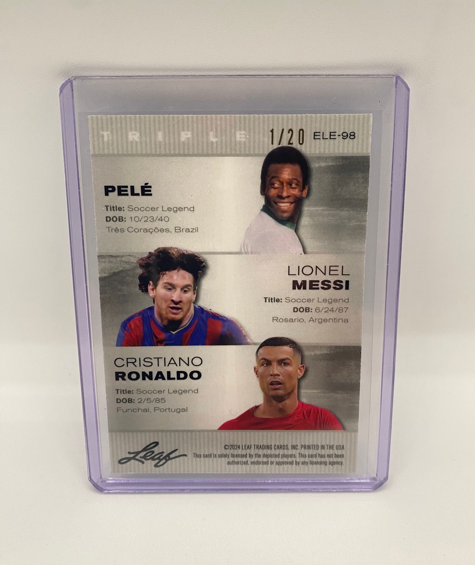 2024 Leaf Exclusive Legends Edition Triple Messi/Ronaldo/Pelé Blue Sparkle /20 - 2