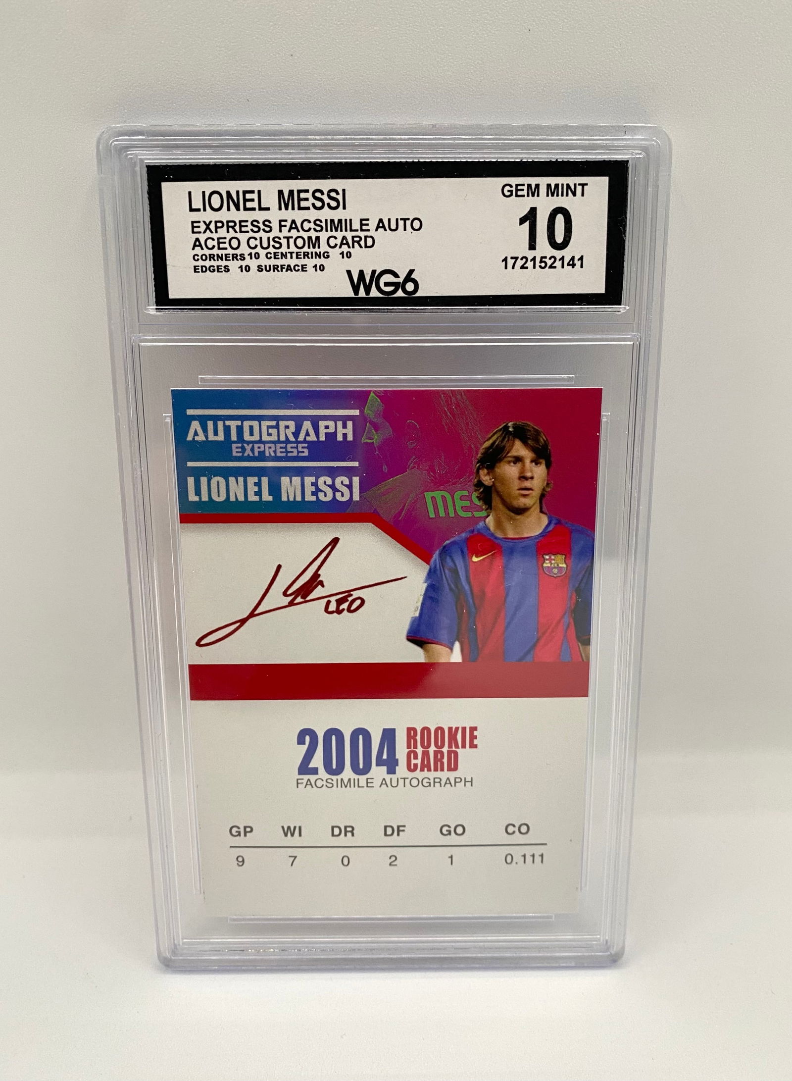 2004 Lionel Messi Rookie Card ACEO Custom Facsimile Auto – WG6 GEM MINT 10: A custom ACEO "Autograph Express" card styled after Lionel Messi's 2004 rookie era with FC Barcelona. Features a printed facsimile autograph and is graded GEM MINT 10 by WG6. 