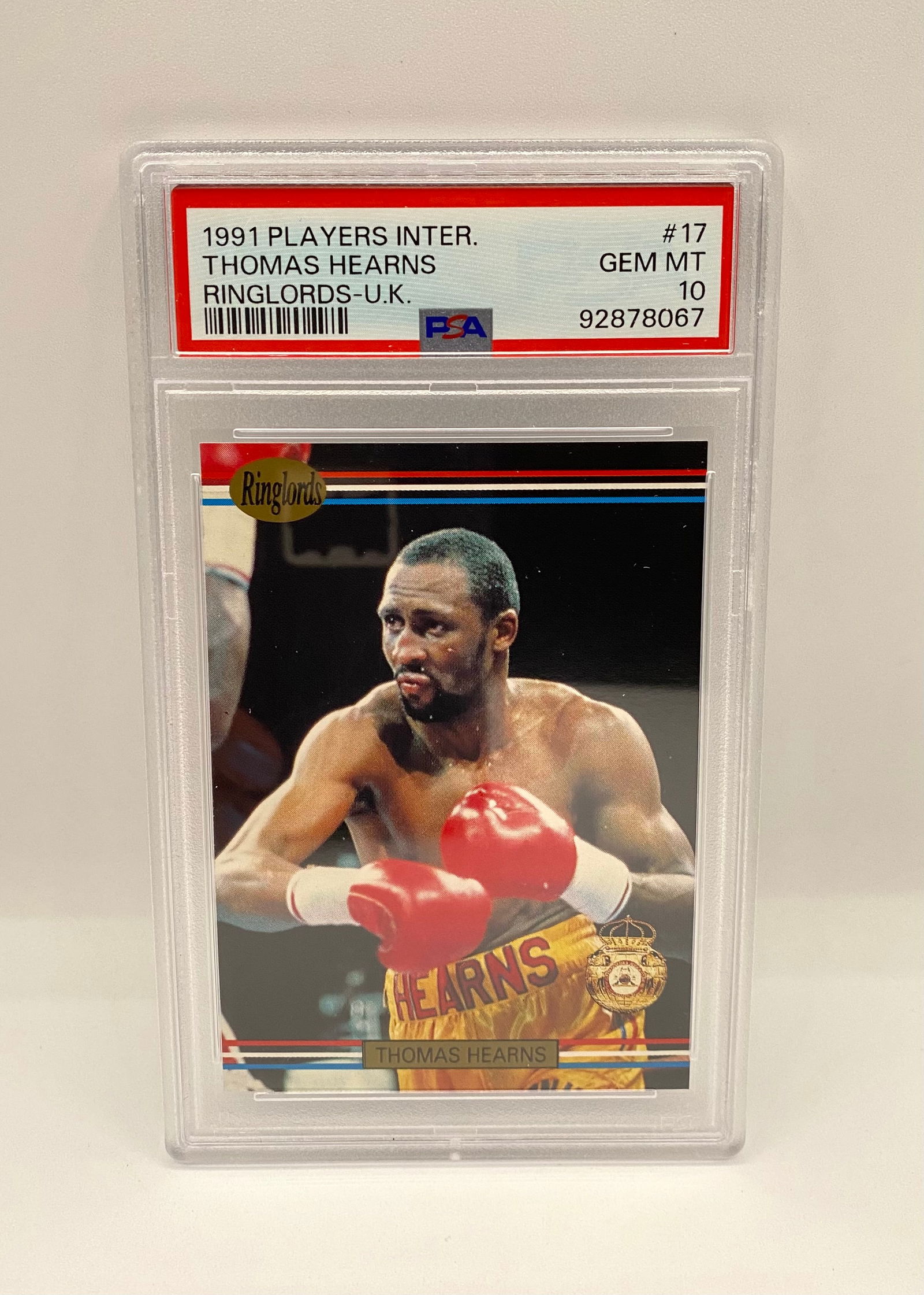 1991 Players Inter. Ringlords-U.K. Thomas Hearns #17 – PSA GEM MT 10: A pristine 1991 Players International Ringlords card featuring boxing legend Thomas "The Hitman" Hearns. This card is a high-grade survivor, graded GEM MT 10 by PSA. 