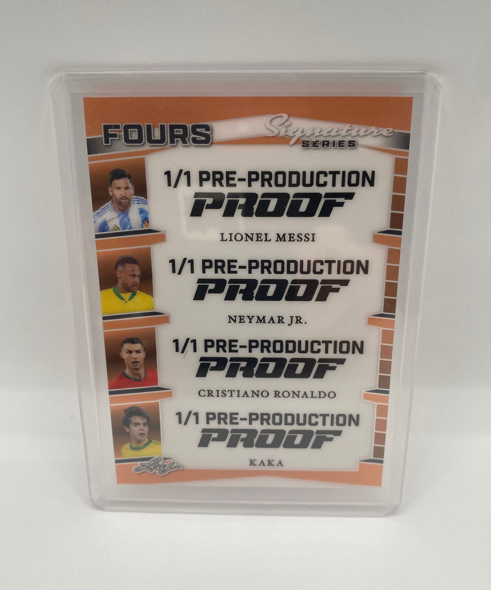 Leaf Signature Series "Fours" 1/1 Pre-Production Proof – Messi/Neymar/Ronaldo/Kaka: A unique 1/1 Pre-Production Proof card from Leaf’s Signature Series. This "Fours" card features four of the biggest names in world football: Lionel Messi, Neymar Jr., Cristiano Ronaldo, and