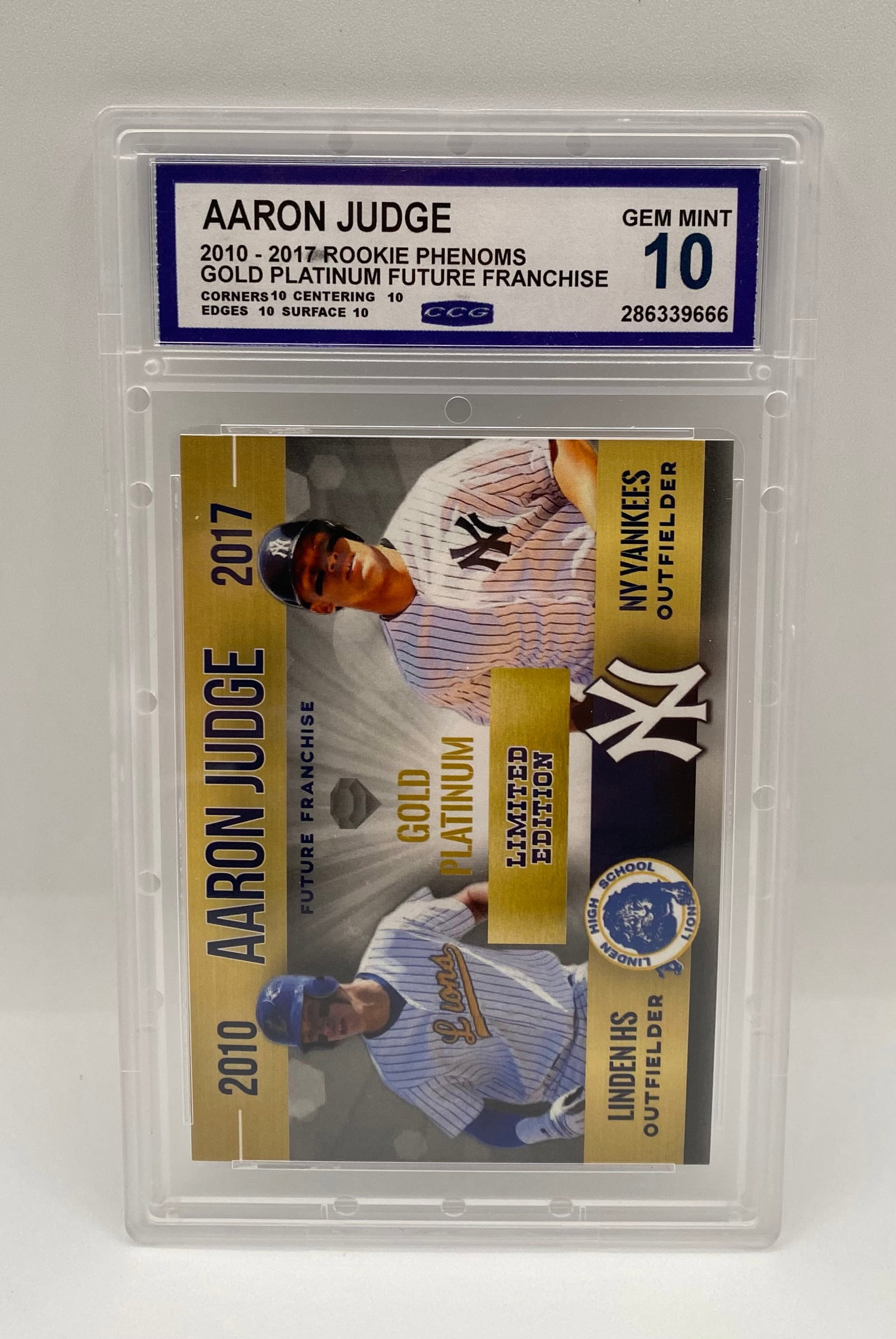 Aaron Judge 2010-2017 Rookie Phenoms Custom Gold Platinum Card - CCG Gem Mint 10: Player: Aaron Judge (NY Yankees / Linden HS) • Card Type: "Future Franchise" Gold Platinum Limited Edition • Grading Service: CCG (Certified Collectors Group) • Grade: Gem Mint