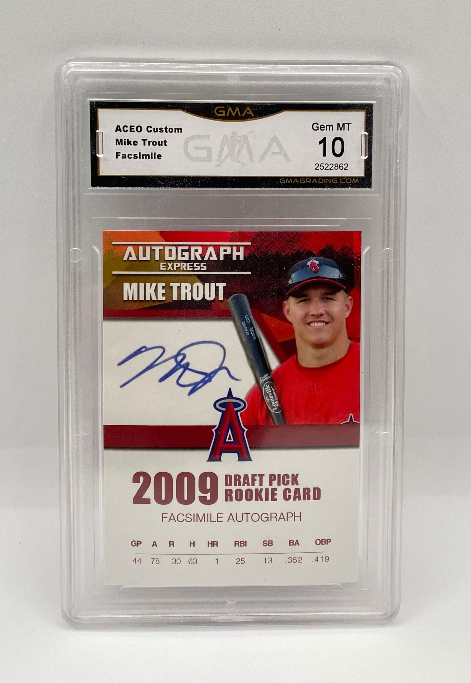 Mike Trout 2009 Draft Pick ACEO Custom Card - Facsimile Auto - GMA Gem MT 10: Player: Mike Trout (LA Angels) • Card Type: ACEO Custom "Autograph Express" • Grading Service: GMA Grading • Grade: Gem MT 10 • Details: Features a facsimile (printed)