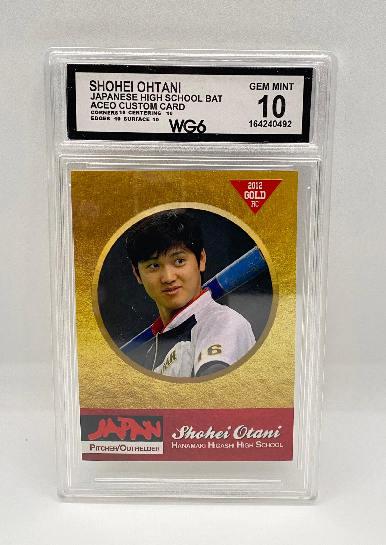 Shohei Ohtani 2012 Japanese High School ACEO Custom Card - WG6 Gem Mint 10: Player: Shohei Ohtani (Hanamaki Higashi High School) • Card Type: ACEO Custom Gold Foil Rookie Concept • Grading Service: WG6 (World Grade 6) • Grade: Gem Mint 10 (Subgrades: