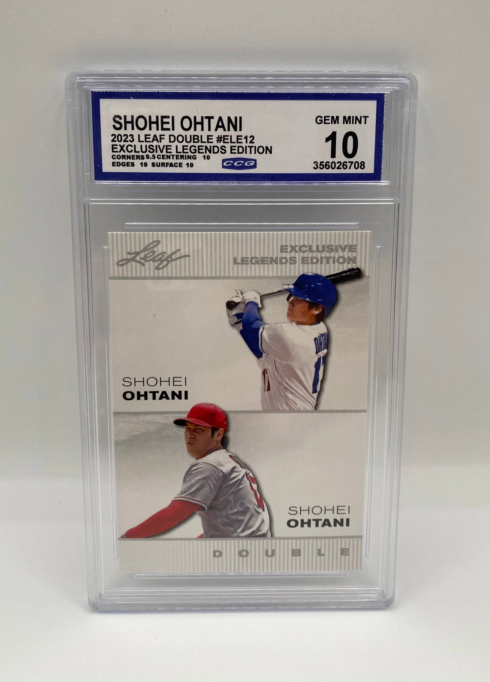 2023 Leaf Double #ELE12 Shohei Ohtani Exclusive Legends Edition CCG 10 Gem Mint: 2023 Leaf Double Exclusive Legends Edition featuring two iconic images of Shohei Ohtani. Graded a pristine CCG 10 Gem Mint. Subgrades include: Corners 9.5, Centering 10, Edges 10, Surface 10. 