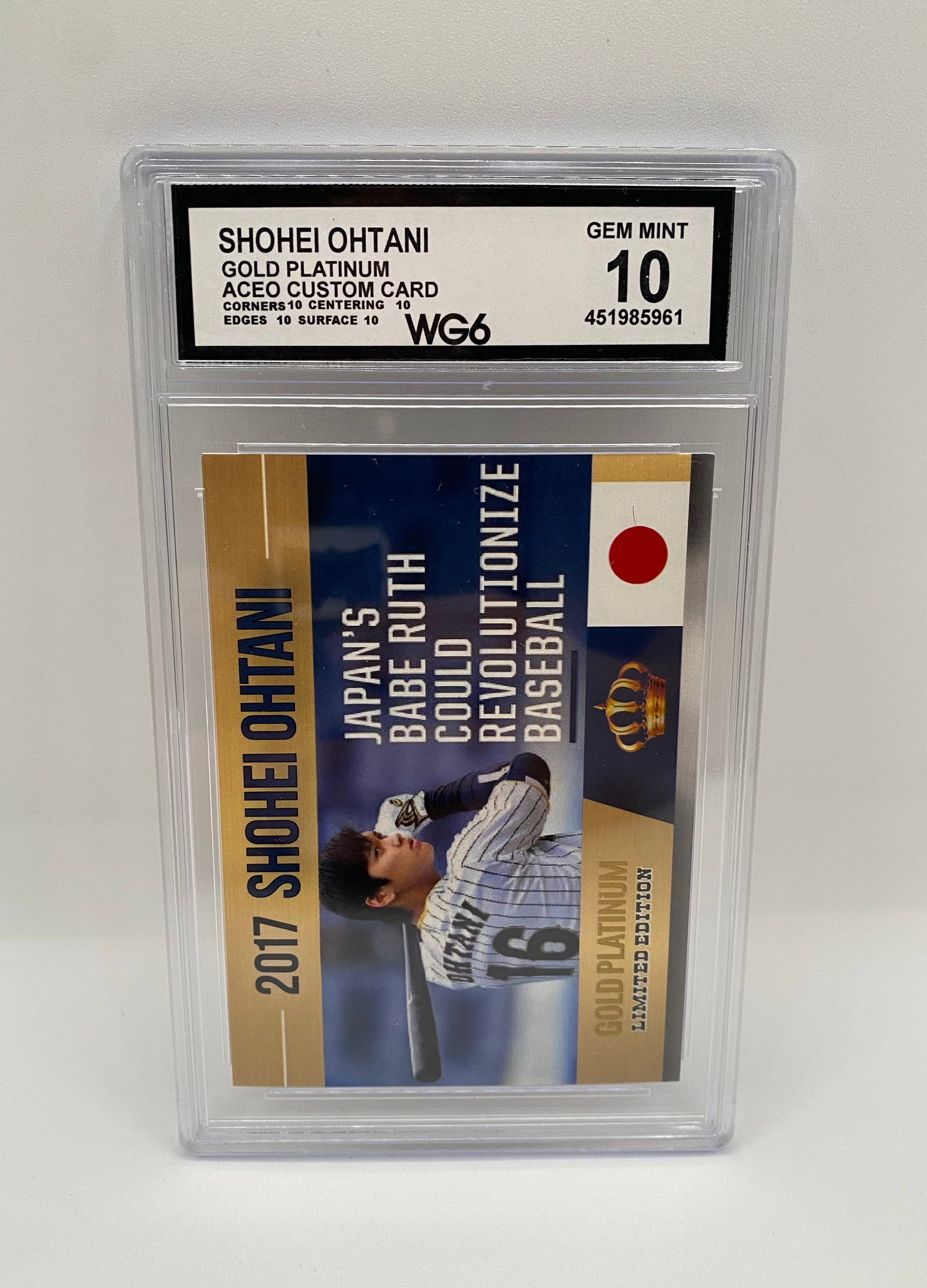 2017 Shohei Ohtani Gold Platinum ACEO Custom WG6 10 Gem Mint: Japan's Babe Ruth" limited edition custom card commemorating Ohtani’s 2017 season in Japan. Graded WG6 10 Gem Mint with perfect "Quad 10" subgrades. Features a sleek gold platinum aesthetic. 