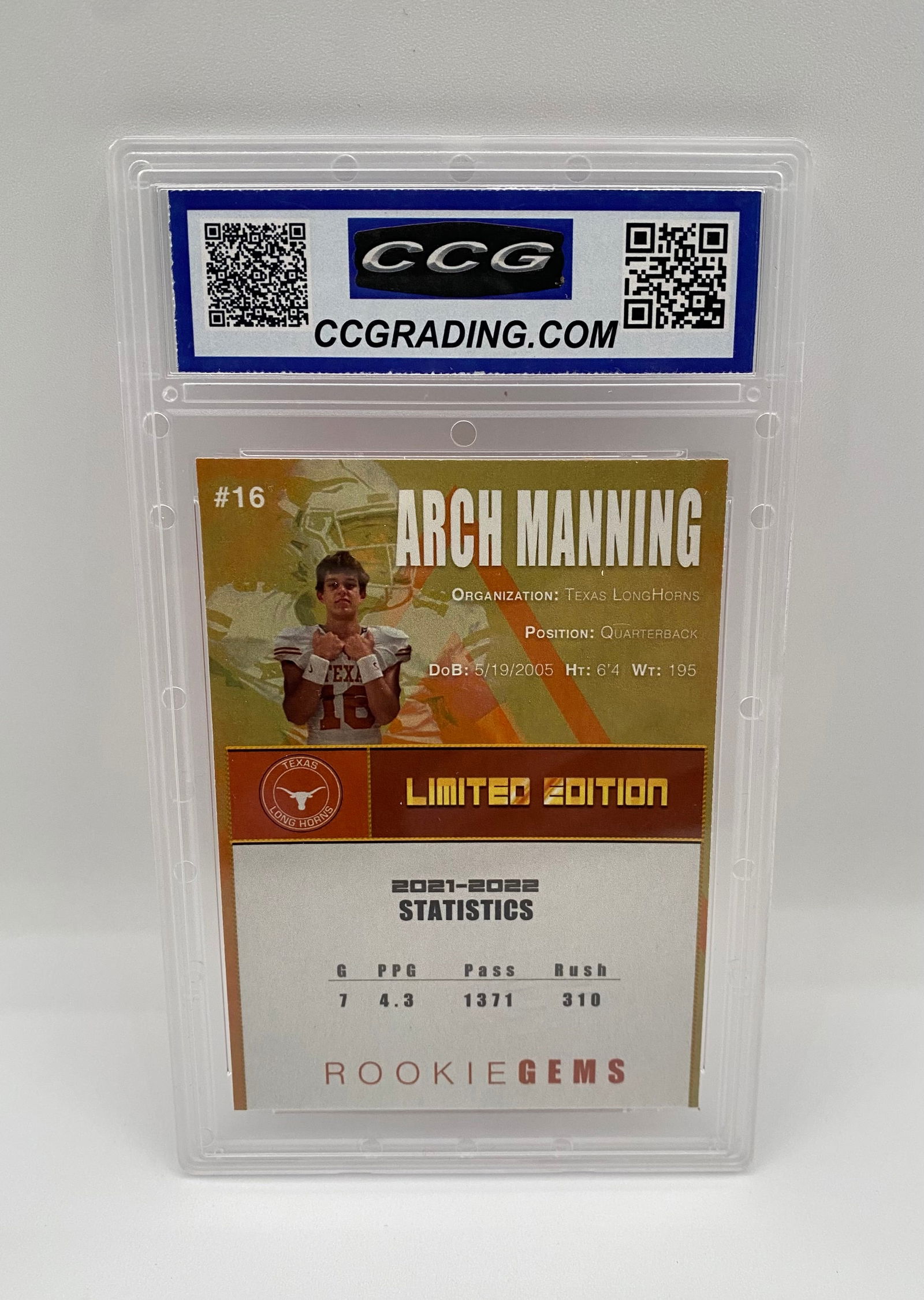 2022 Arch Manning Rookie Gems Custom Art Card - CCG Graded Gem Mint 10 - 2