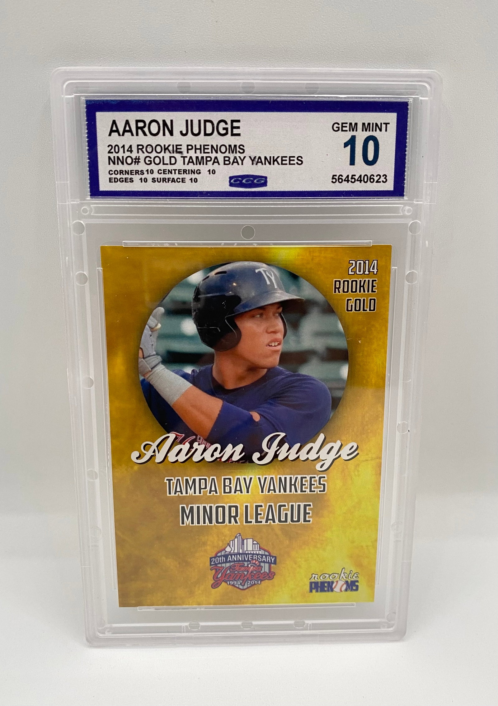 2014 Aaron Judge Rookie Phenoms Gold Custom Art Card - CCG Graded Gem Mint 10: A gold-bordered custom art card featuring Aaron Judge during his time with the Tampa Bay Yankees (Minor League). Part of the "Rookie Phenoms" custom series. Graded Gem Mint 10 by CCG.