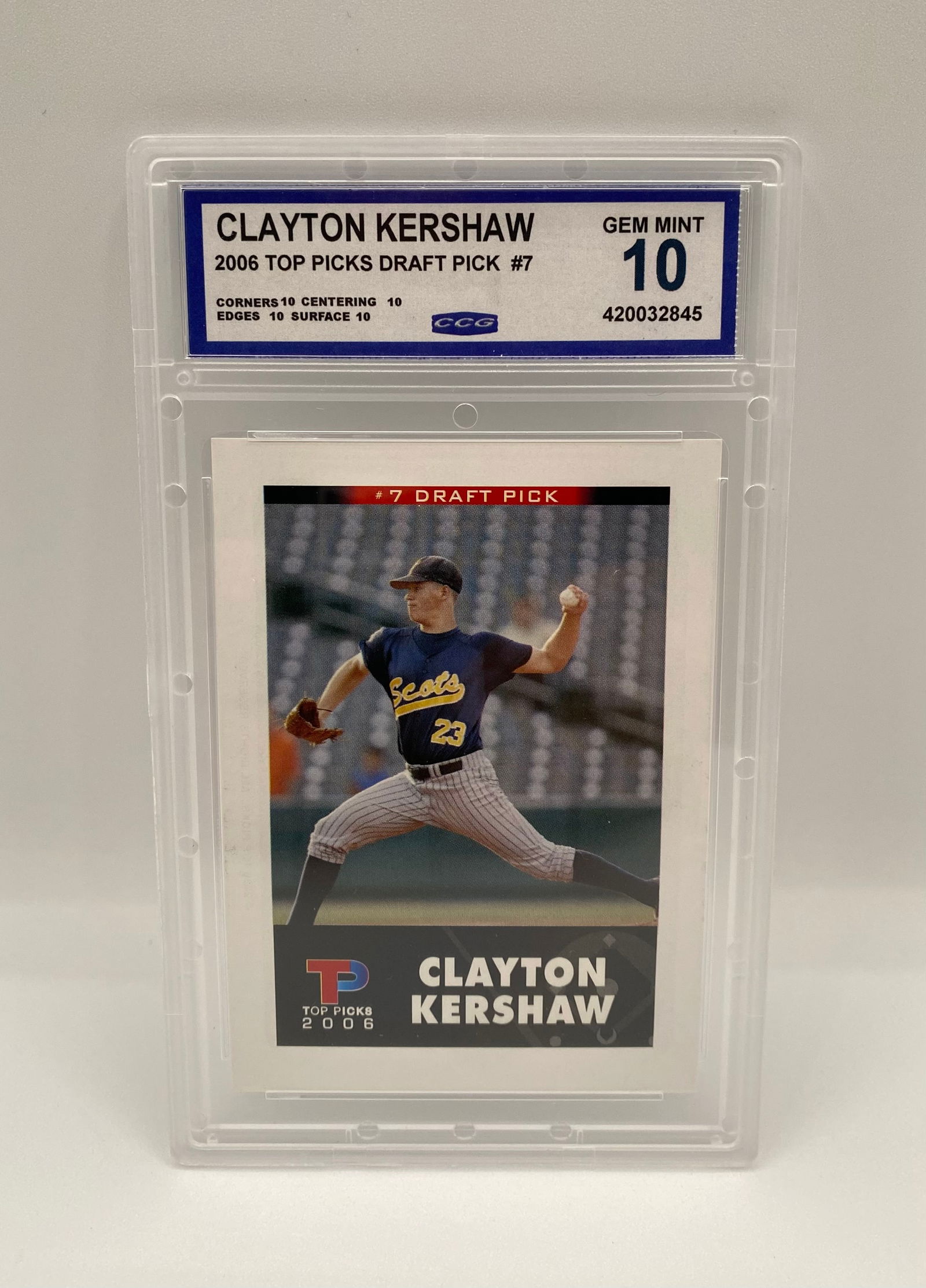 2006 Clayton Kershaw Top Picks Draft Pick Custom Art Card - CCG Graded Gem Mint 10: A custom-made prospect card of Clayton Kershaw as a 2006 #7 Draft Pick. Graded Gem Mint 10 by CCG with 10s across all subgrades. Great for Kershaw collectors.