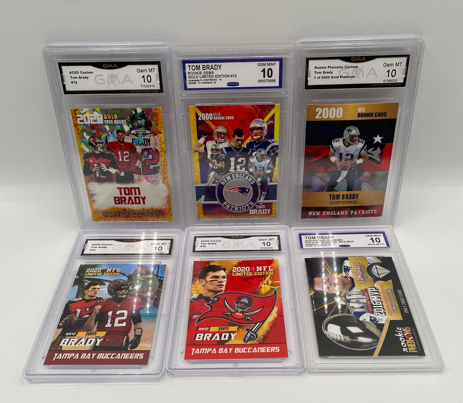 Tom Brady Graded Card Lot (6) - Includes Rookie Gems & Customs - All Gem MT 10: A substantial 6-card lot featuring "The GOAT," Tom Brady. All cards are graded Gem Mint 10 by GMA and CCG. • (1) 2000 Rookie Gems Gold Limited Edition #12 (CCG 10) • (1) 2000 Rookie