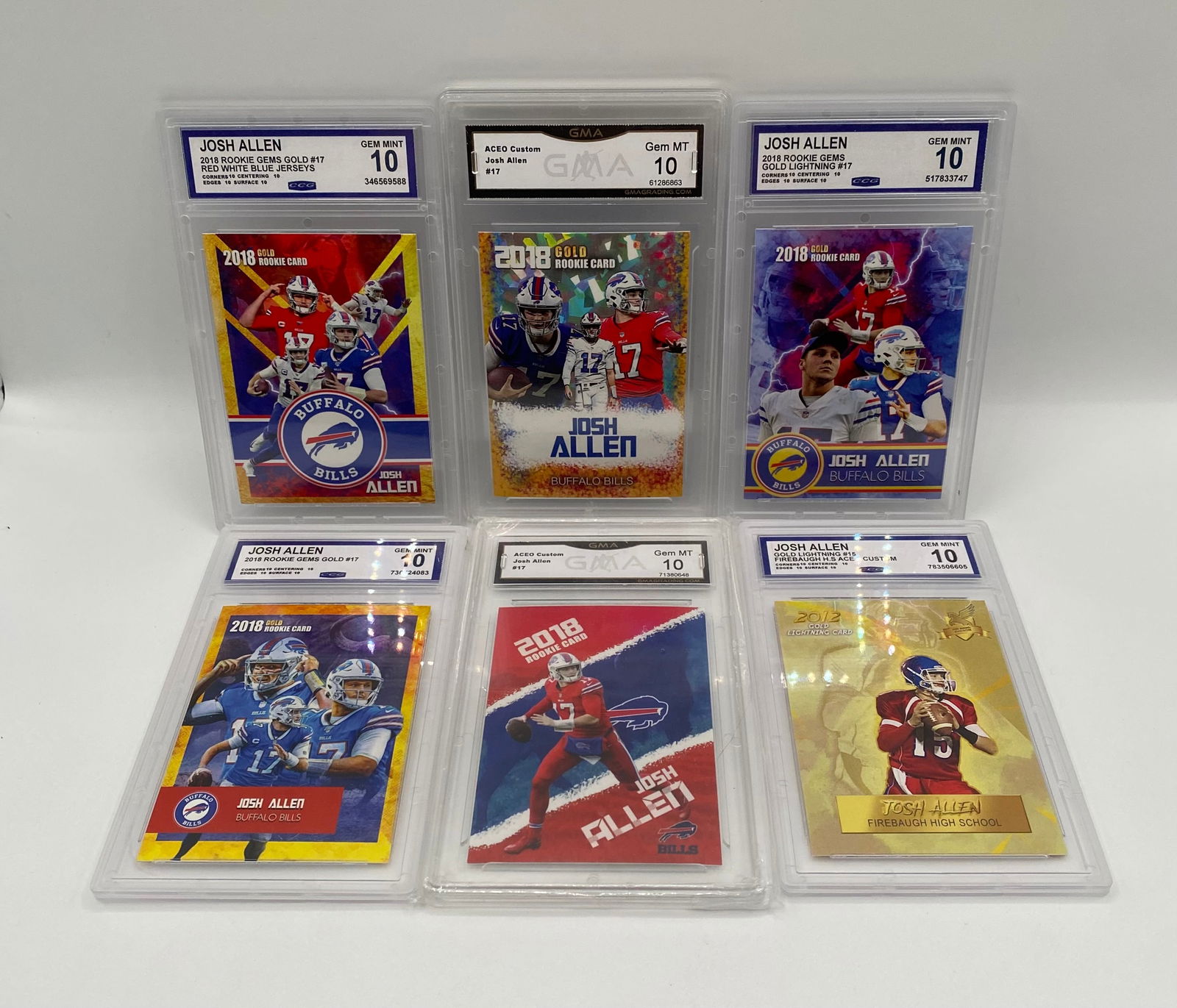 Josh Allen (Bills) Graded Card Lot (6) - Rookie Gems & ACEO - All Gem MT 10: High-grade 6-card lot of Buffalo Bills superstar QB Josh Allen. Every card in this lot is graded Gem Mint 10. • (3) 2018 Rookie Gems Gold / Lightning Variations (CCG 10) • (2) 2018 ACEO