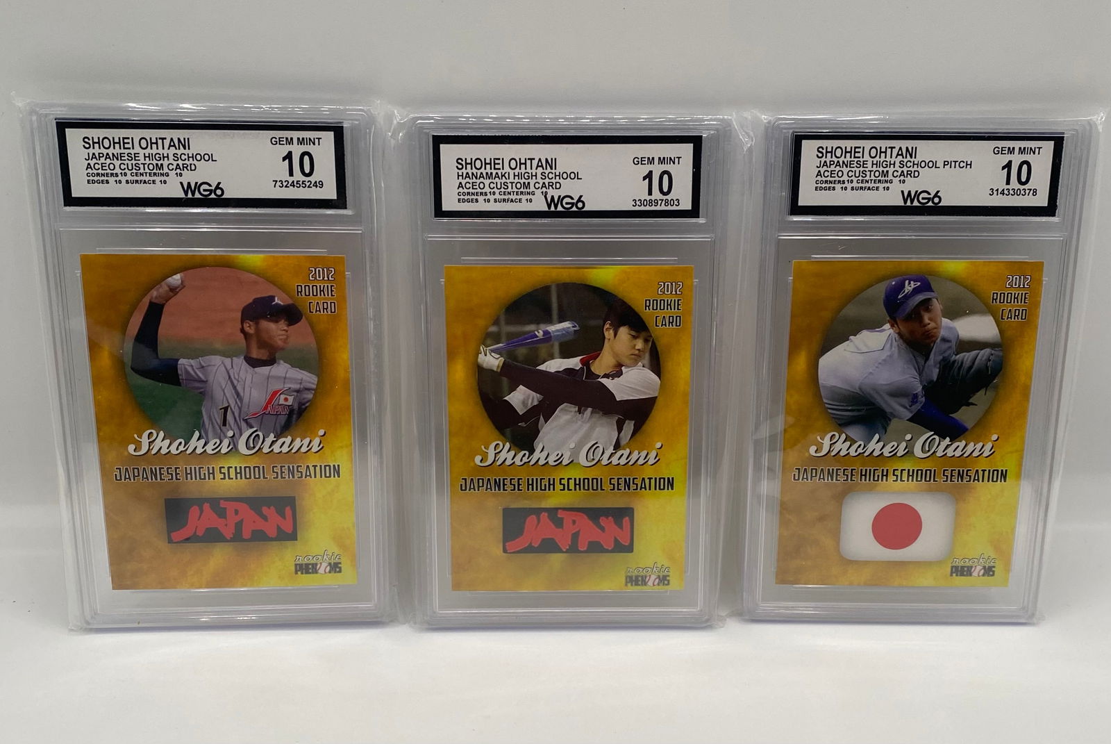 Shohei Ohtani 3-Card Japanese High School Sensation Set - All WG6 Gem MT 10: A unique 3-card ACEO custom set chronicling Shohei Ohtani’s early days in Japan. All three cards are graded Gem Mint 10 by WG6. Includes "Hanamaki High School" and "Japanese High School Pitch"