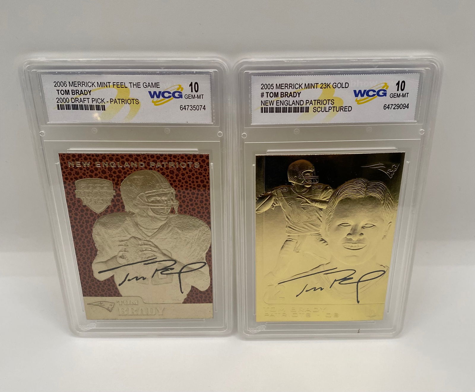 Tom Brady Graded Merrick Mint Pair - 23K Gold & 2000 Draft Pick - WCG Gem MT 10: Two premium cards from Merrick Mint, both graded Gem Mint 10 by WCG. • (1) 2005 Merrick Mint 23K Gold "Sculptured" Card • (1) 2006 Merrick Mint "Feel The Game" 2000 Draft Pick -