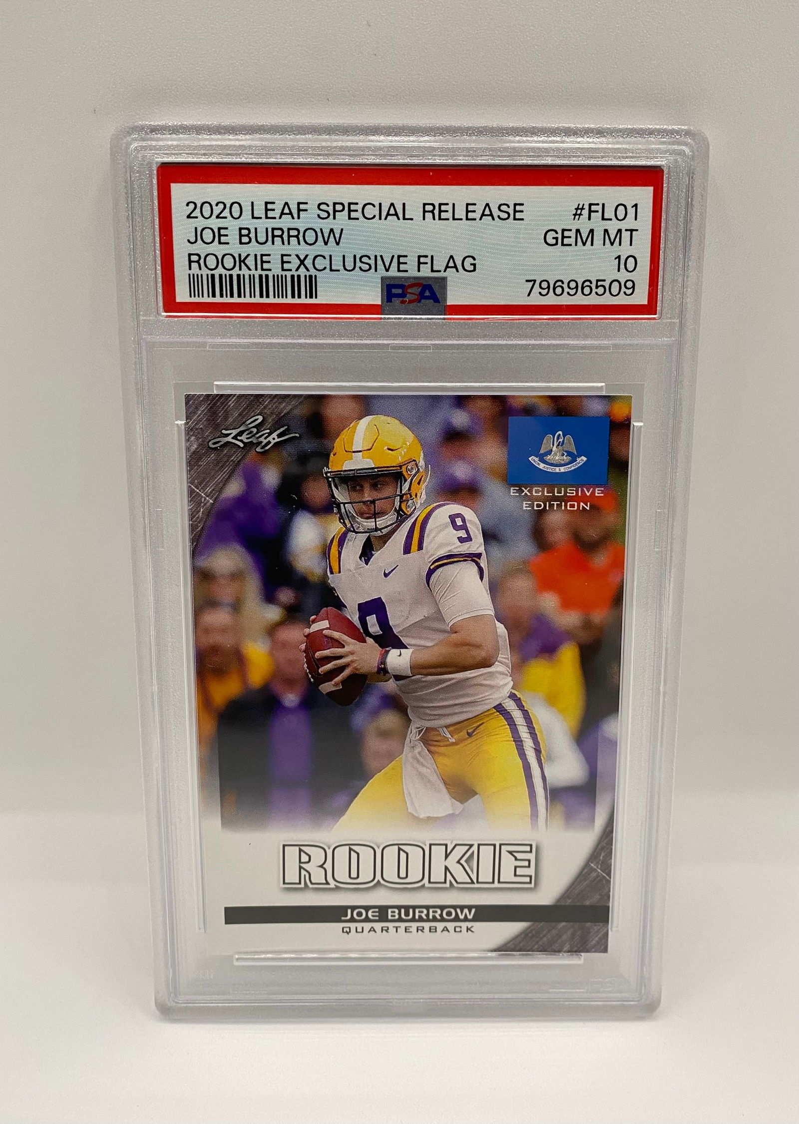 2020 Leaf Special Release Joe Burrow Rookie #FL01 - PSA 10 GEM MINT: The highlight of the Burrow collection. A 2020 Leaf Special Release "Rookie Exclusive Flag" card featuring Joe Burrow in his LSU uniform. Professionally graded by PSA as Gem Mint 10. 
