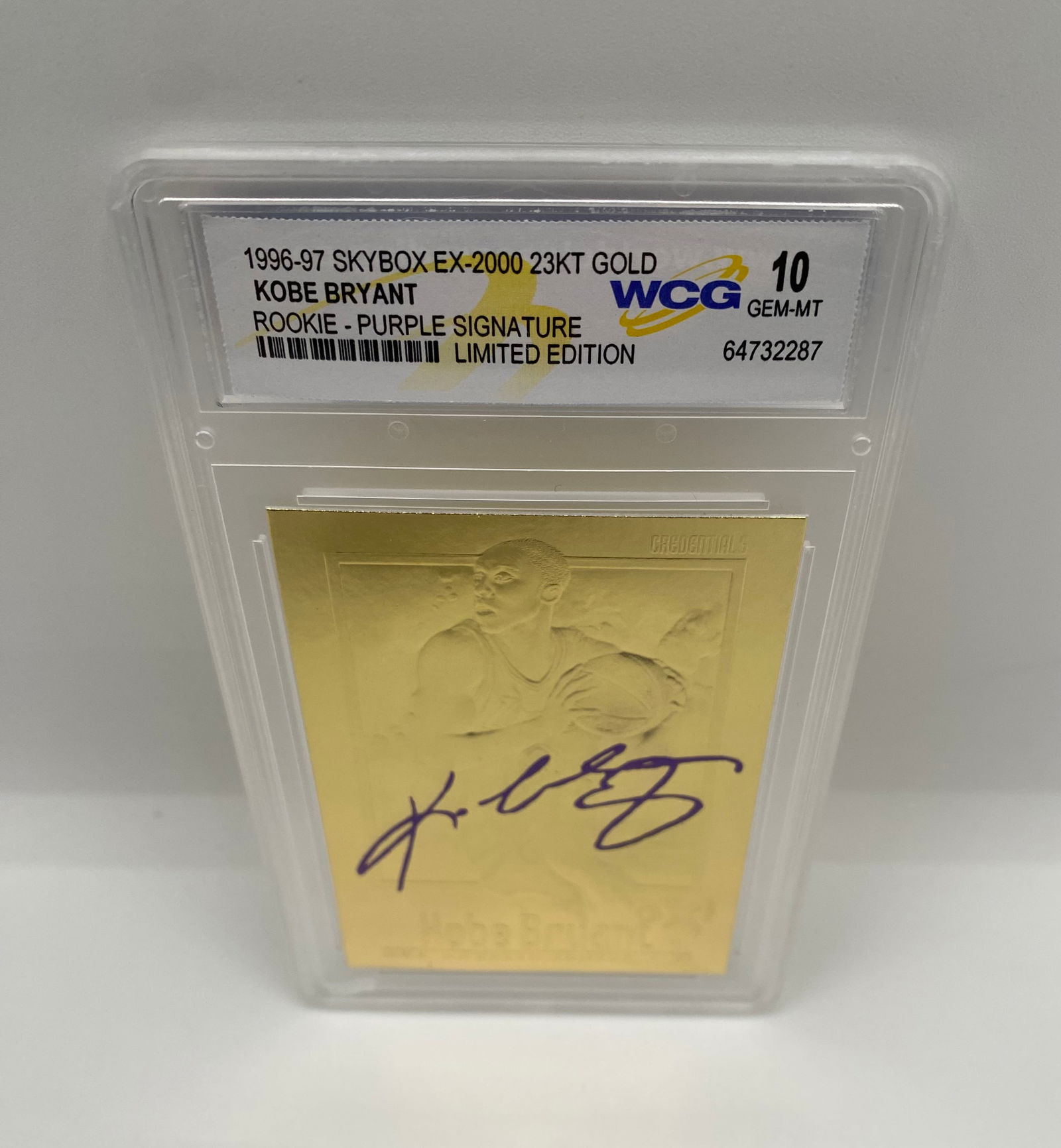 1996 Kobe Bryant Skybox E-X2000 23KT Gold Rookie WCG 10 Gem-MT: Commemorating Kobe Bryant's legendary 1996 rookie season, this Skybox E-X2000 "Credentials" style card is crafted in 23KT Gold. It features a "Purple Signature" (facsimile) and is graded Gem-MT 10 by