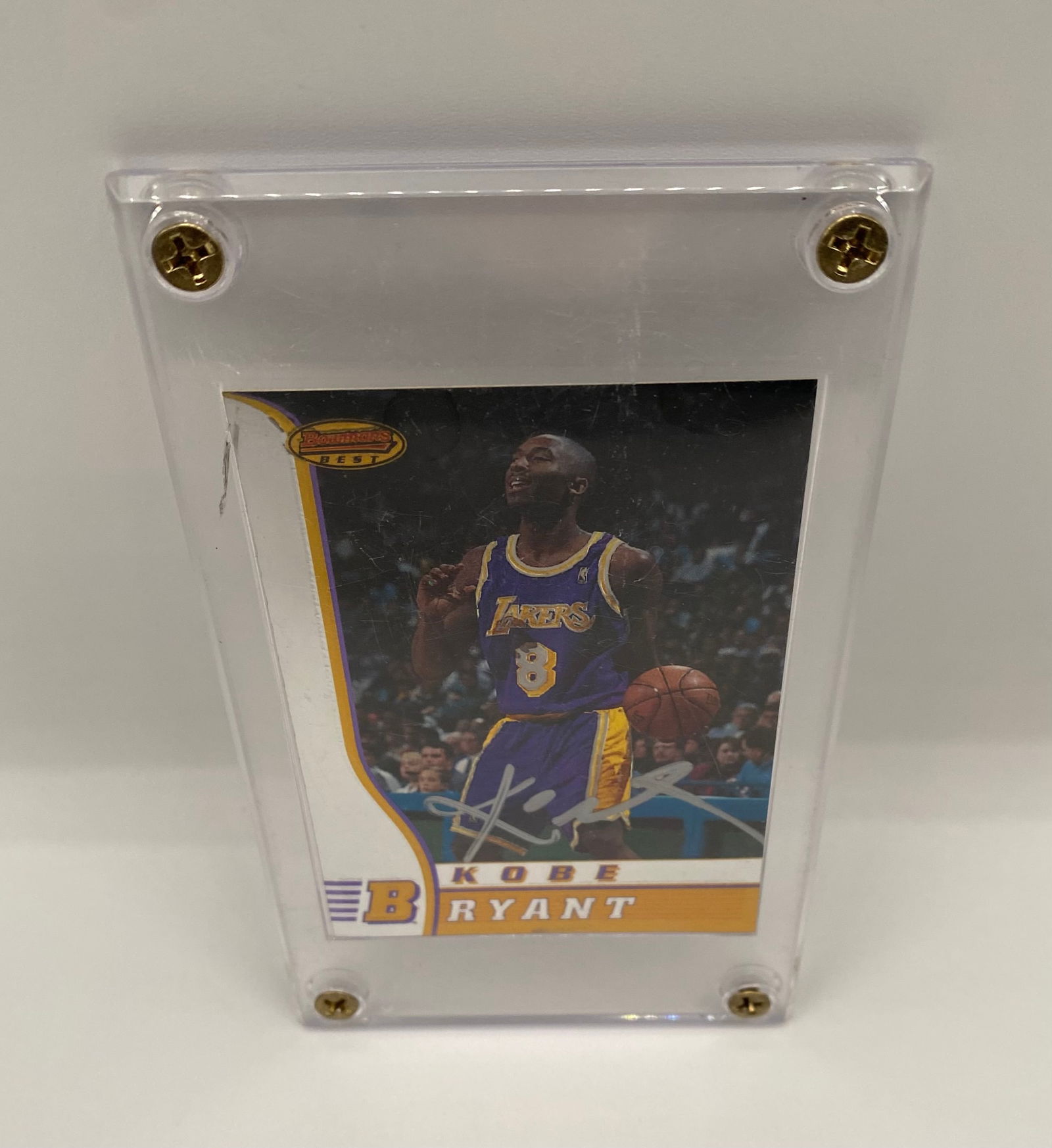 1996 Bowman’s Best Kobe Bryant Rookie Card Signed COA: Landmark rookie card for the "Black Mamba," Kobe Bryant. This 1996 Bowman's Best card features a silver-tone signature on the front. Housed in a four-screw protective acrylic holder. A must-have for