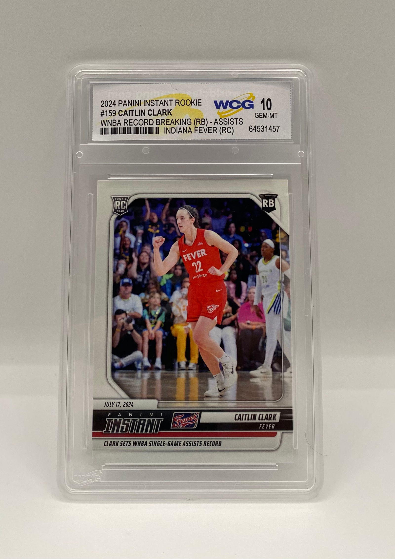 2024 Panini Instant Caitlin Clark Rookie #159 WCG 10 Gem Mint - WNBA Assist Record: Player: Caitlin Clark • Year/Set: 2024 Panini Instant Rookie • Card #: 159 • Special Feature: Commemorates WNBA Single-Game Assists Record (July 17, 2024). • Grade: WCG 10