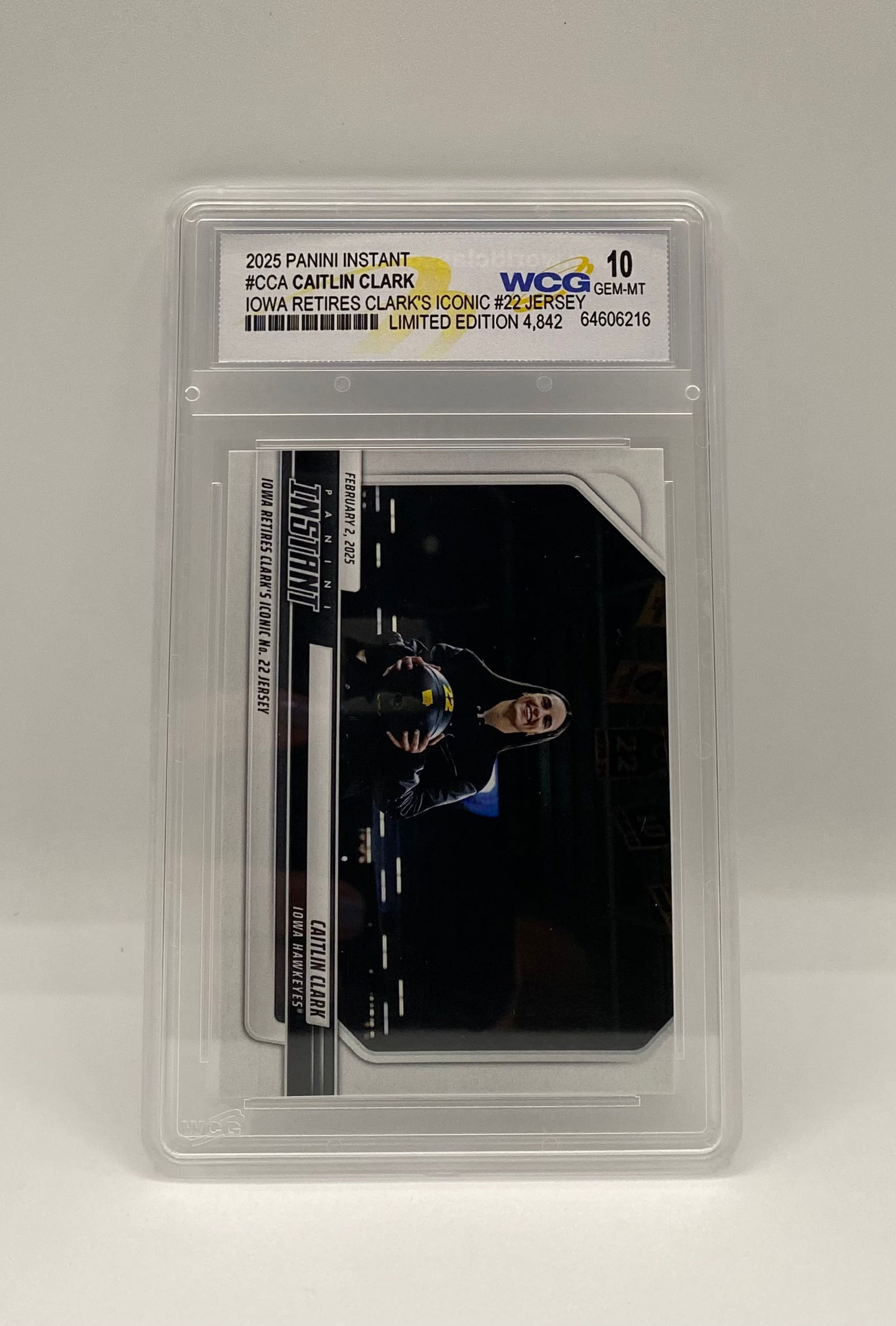 2025 Panini Instant Caitlin Clark #CCA WCG 10 Gem Mint - Iowa Jersey Retirement: Player: Caitlin Clark • Year/Set: 2025 Panini Instant • Card #: CCA • Special Feature: "Iowa Retires Clark's Iconic #22 Jersey" (February 2, 2025). Limited Edition of