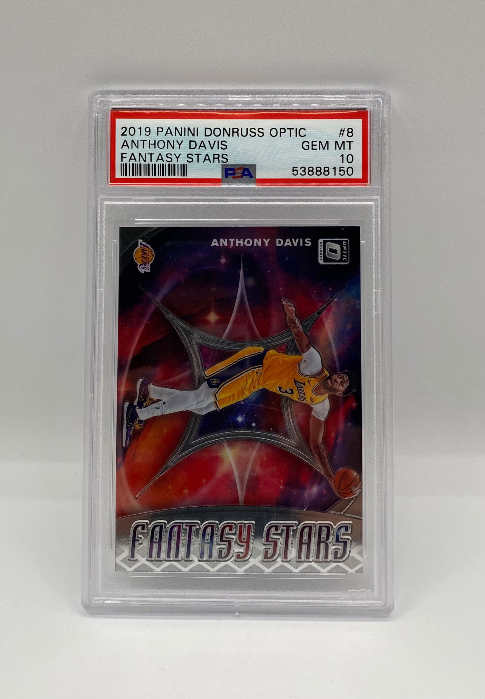 2019 Panini Donruss Optic Anthony Davis #8 PSA 10 Gem Mint - Fantasy Stars: Player: Anthony Davis • Year/Set: 2019 Panini Donruss Optic • Insert: Fantasy Stars • Card #: 8 • Grade: PSA 10 Gem Mint (Cert #53888150) • Team: Los Angeles Lakers 