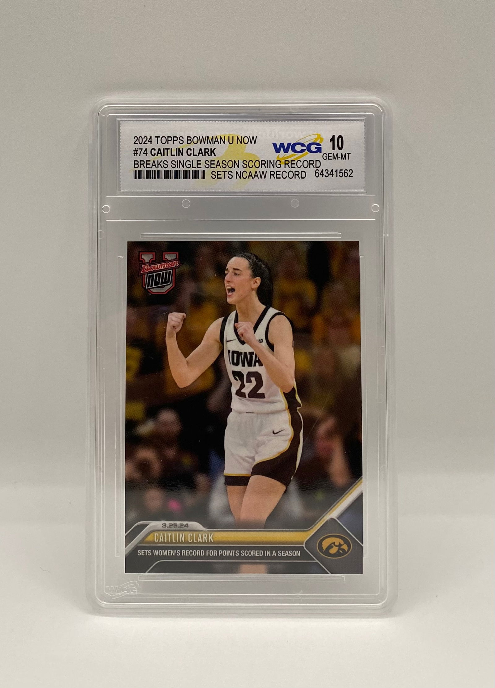 2024 Topps Bowman U Now Caitlin Clark #74 WCG 10 Gem Mint - NCAA Scoring Record: Player: Caitlin Clark • Year/Set: 2024 Topps Bowman U Now • Card #: 74 • Special Feature: Breaks Single Season Scoring Record / Sets NCAAW Record (March 25, 2024). •