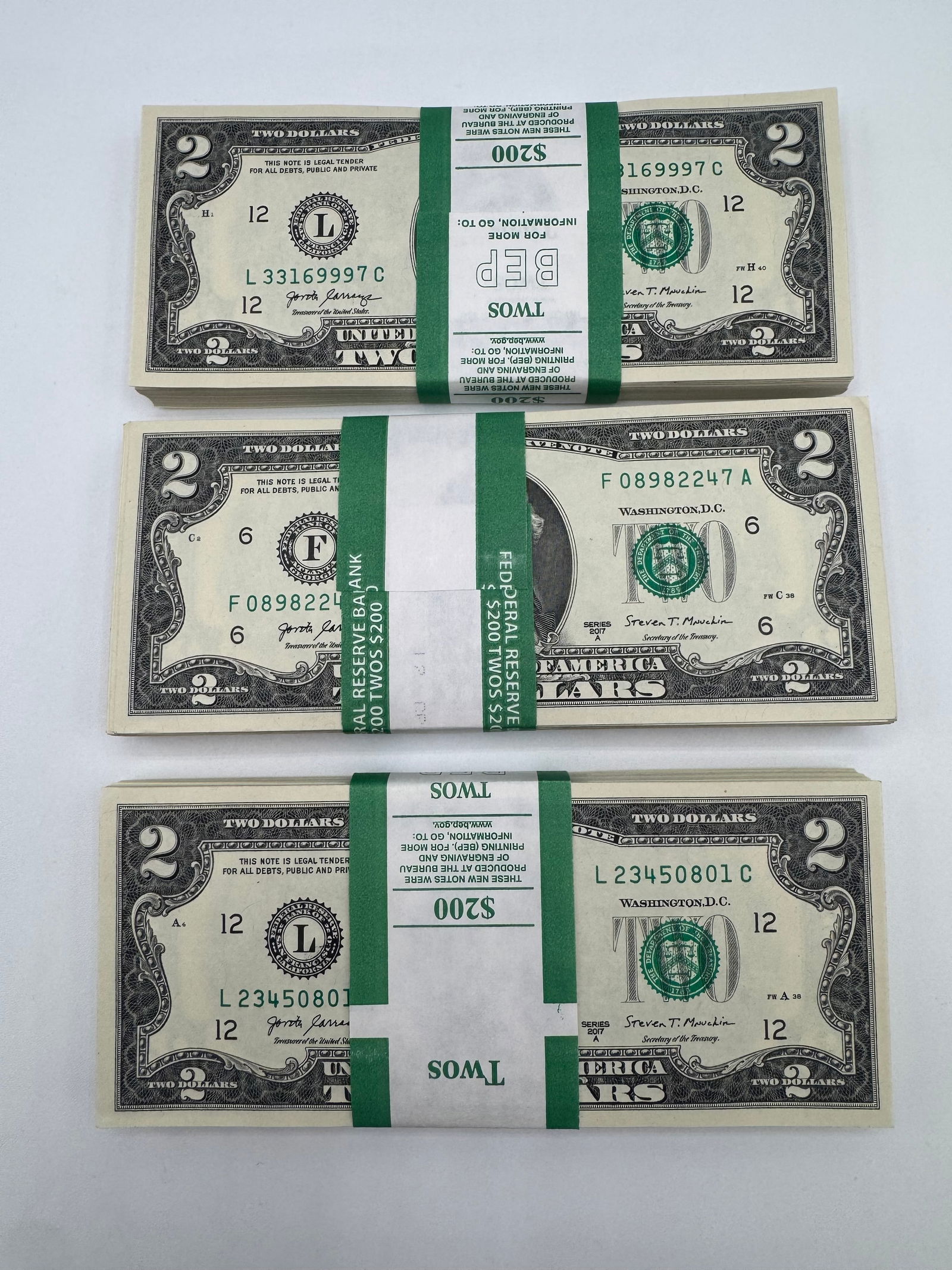 (3) Full $200 Packs of Series 2017A $2 Star/Sequential Bills - $600 Face Total (1 of 2)
