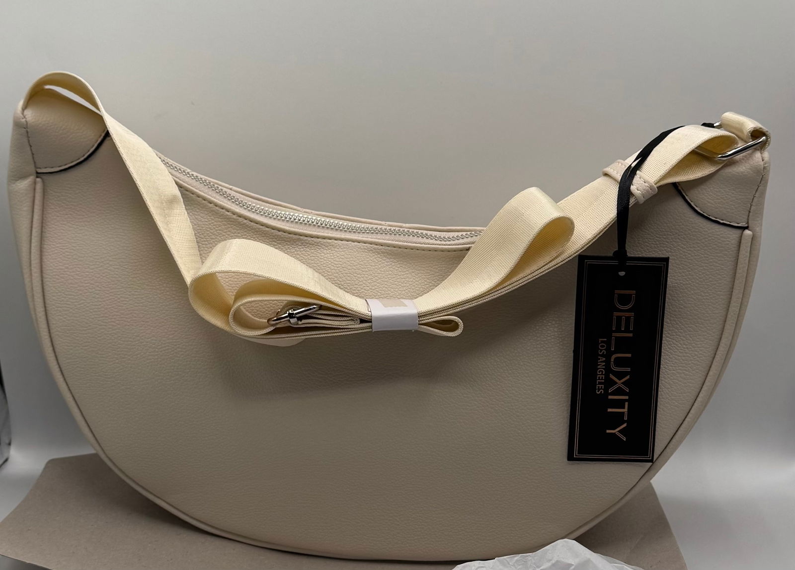 DELUXITY Los Angeles Quilted Vegan Leather Crescent Crossbody Bag - Cream - 2