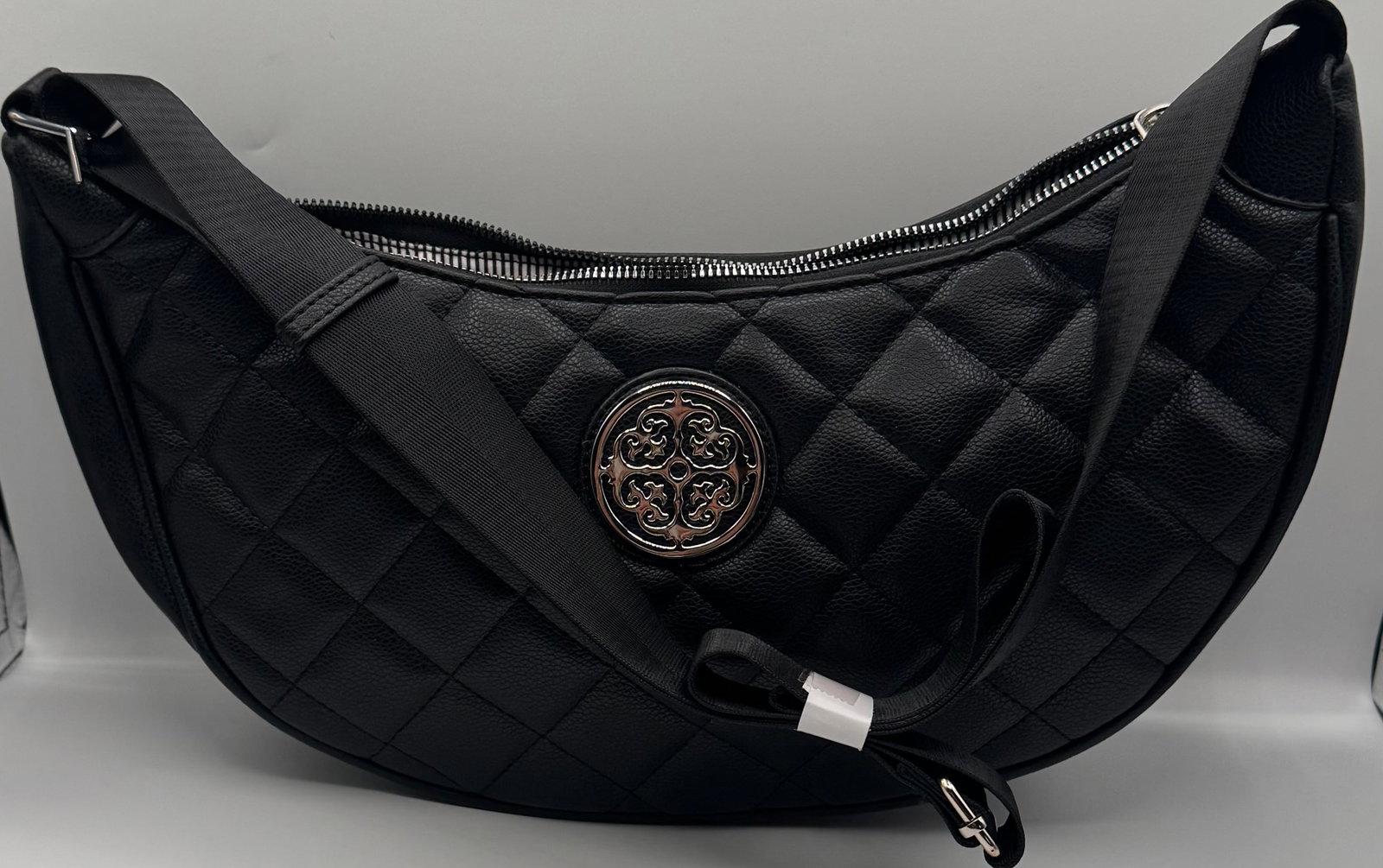 Quilted Black Crescent Vegan Leather Shoulder Bag - 2