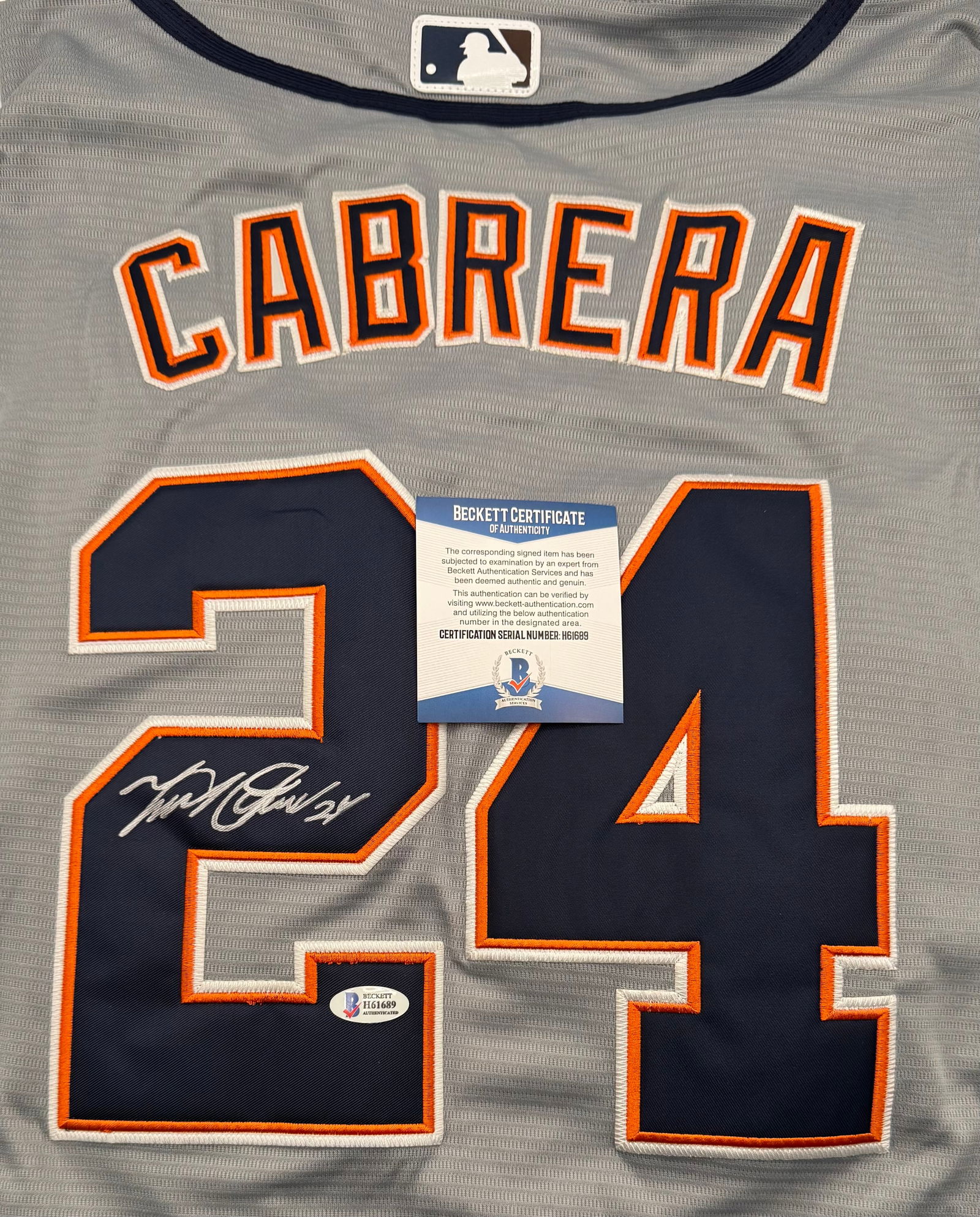 Miguel Cabrera Autographed Detroit Tigers Style Jersey – Beckett Authenticated: Offered is a custom-style Detroit Tigers gray jersey boldly signed on the reverse by legendary slugger and 3,000-hit club member, Miguel Cabrera. • Signature: Sharp, silver-ink autograph