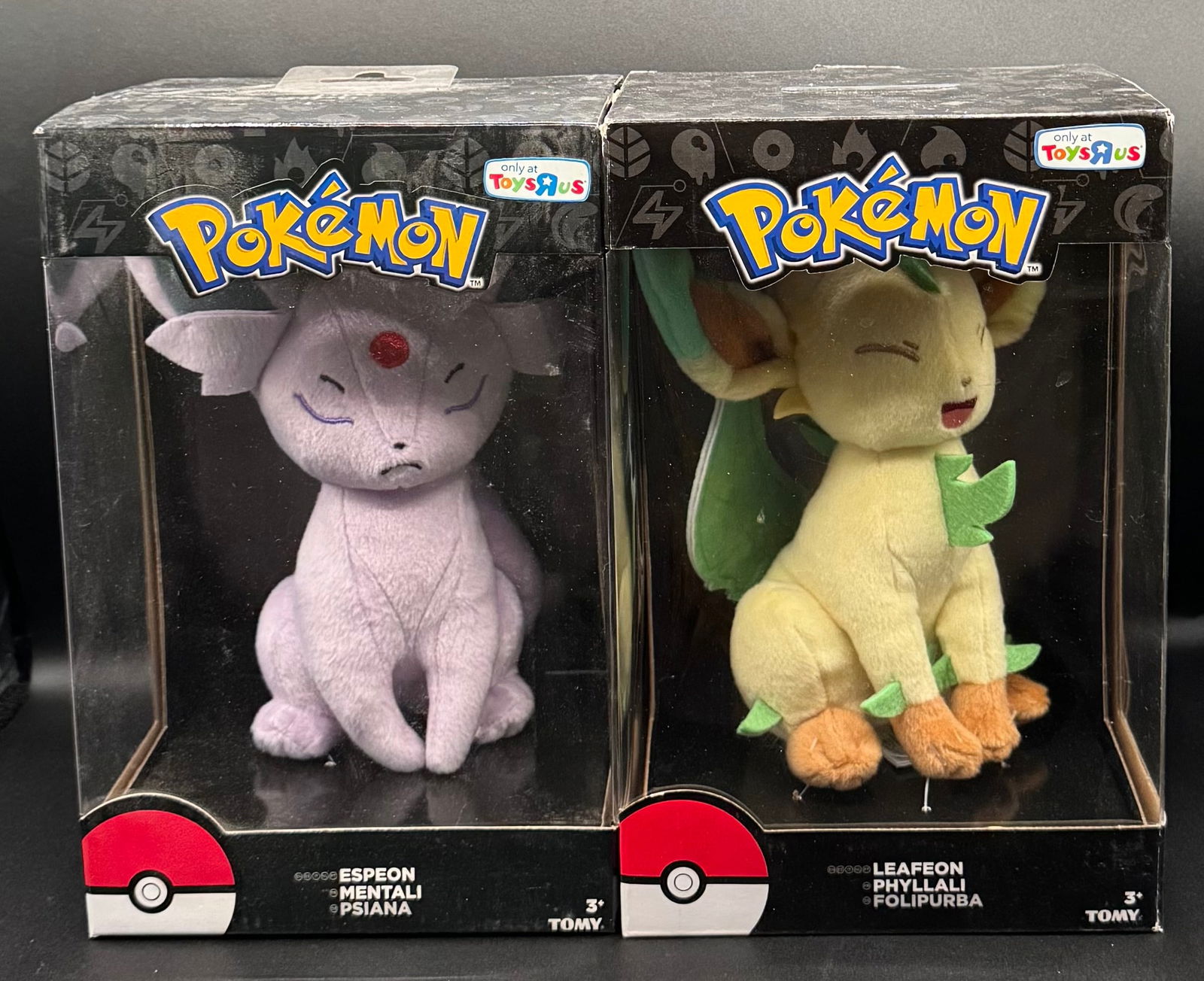 Pokémon TOMY Espeon & Leafeon Plush Set - Toys R Us Exclusive - NIB: A rare opportunity to own a pair of Eevee evolutions from the exclusive "Only at Toys R Us" collection. This lot includes both Espeon and Leafeon plush figures, still factory-sealed in their original